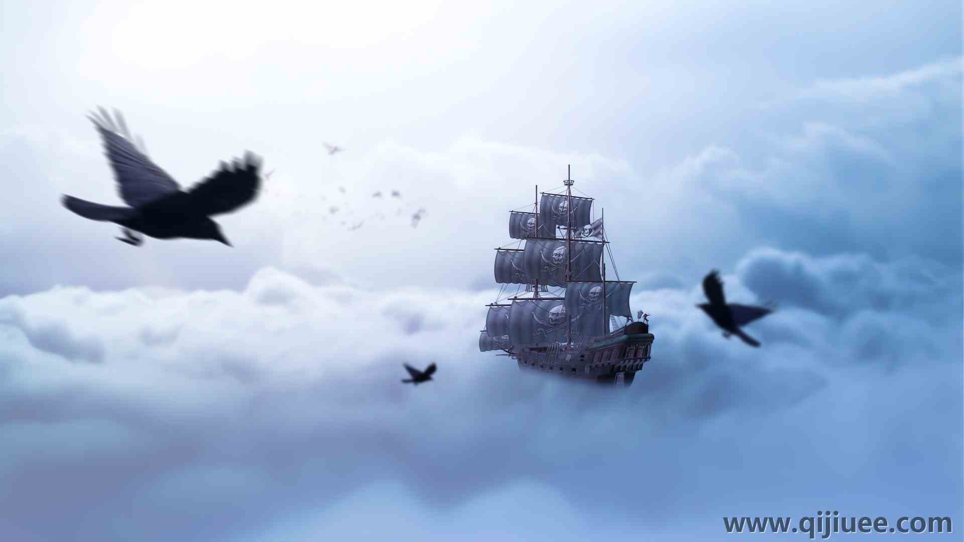 海盗船 船 奇幻鸟 奇幻船 云 帆船 骷髅 乌鸦 电脑壁纸 4K壁纸5000 x 3000/2.63 MB-柒染云阁