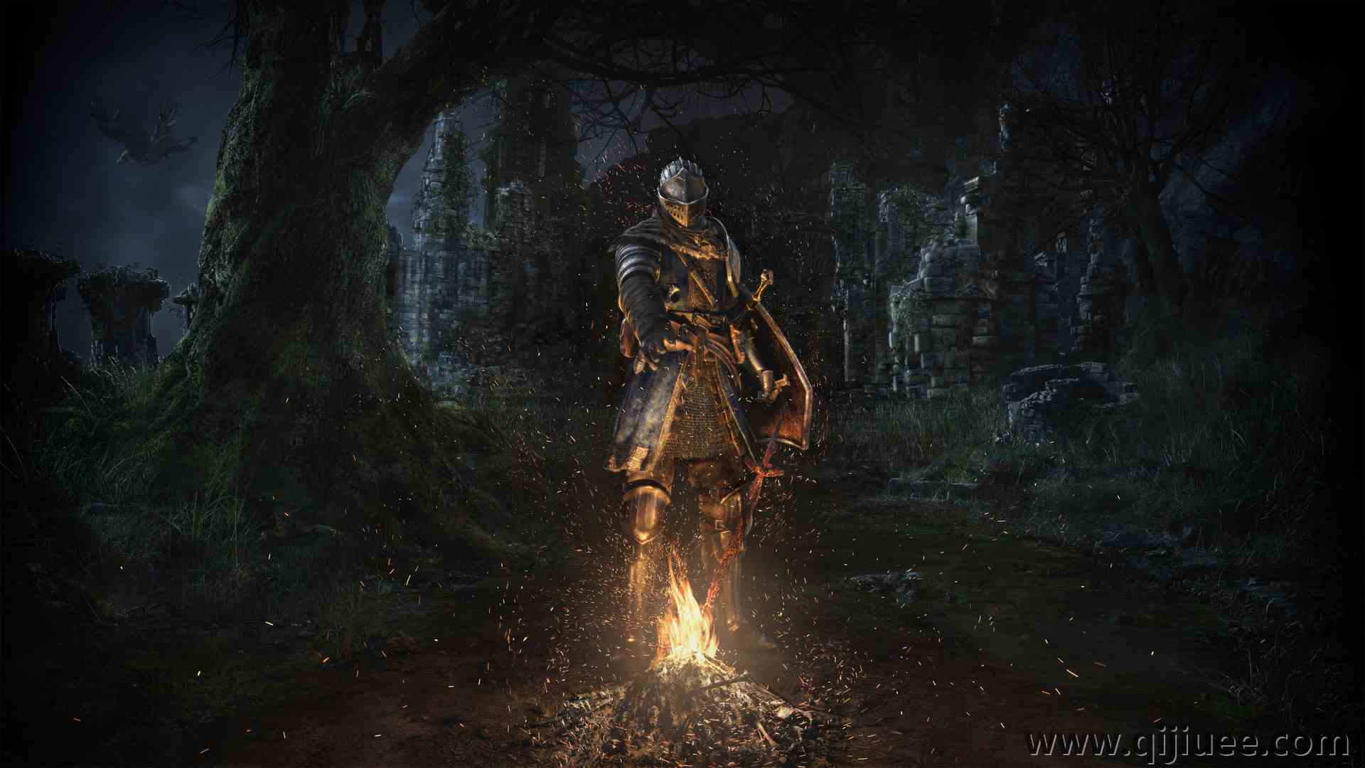 骑士 黑暗灵魂 游戏CG 火 树 夜 城堡 电脑壁纸 4K壁纸3840 x 2160/2.04 MB-柒染云阁
