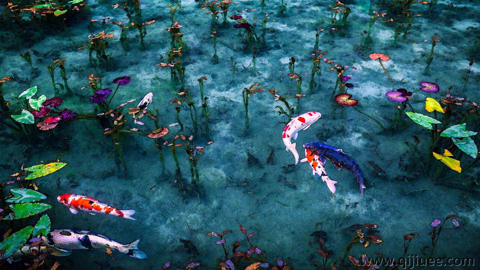 绘画 植物 树叶 鱼 锦鲤  电脑壁纸 4K壁纸3840 x 2400/1.33 MB-柒染云阁