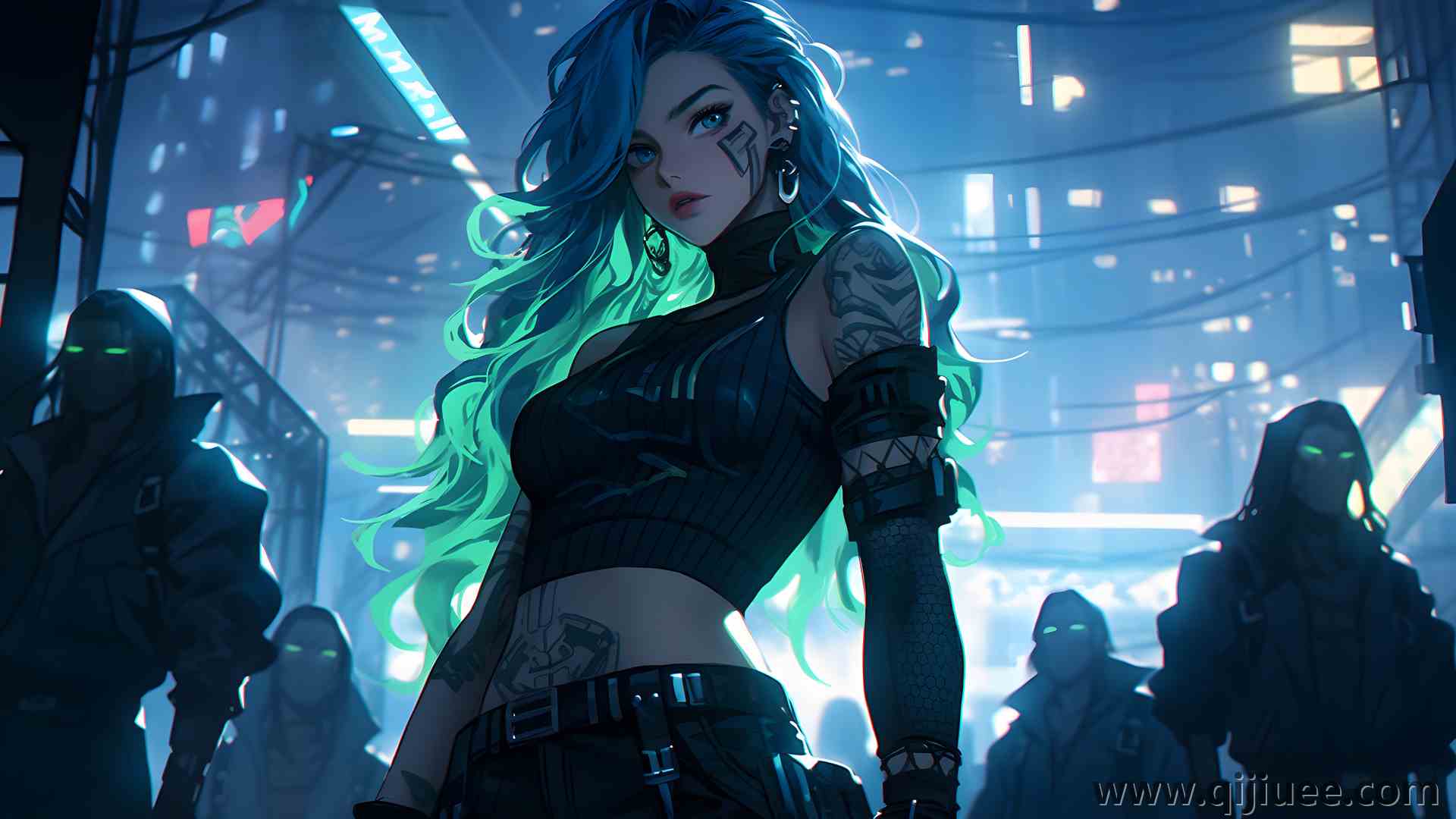 长发 赛博朋克 科幻 黑色 服装 蓝色 绿色 夜晚 艺术 动漫 动漫女孩 AI艺术  电脑壁纸 4K壁纸5824 x 3264/2.03 MB-柒染云阁