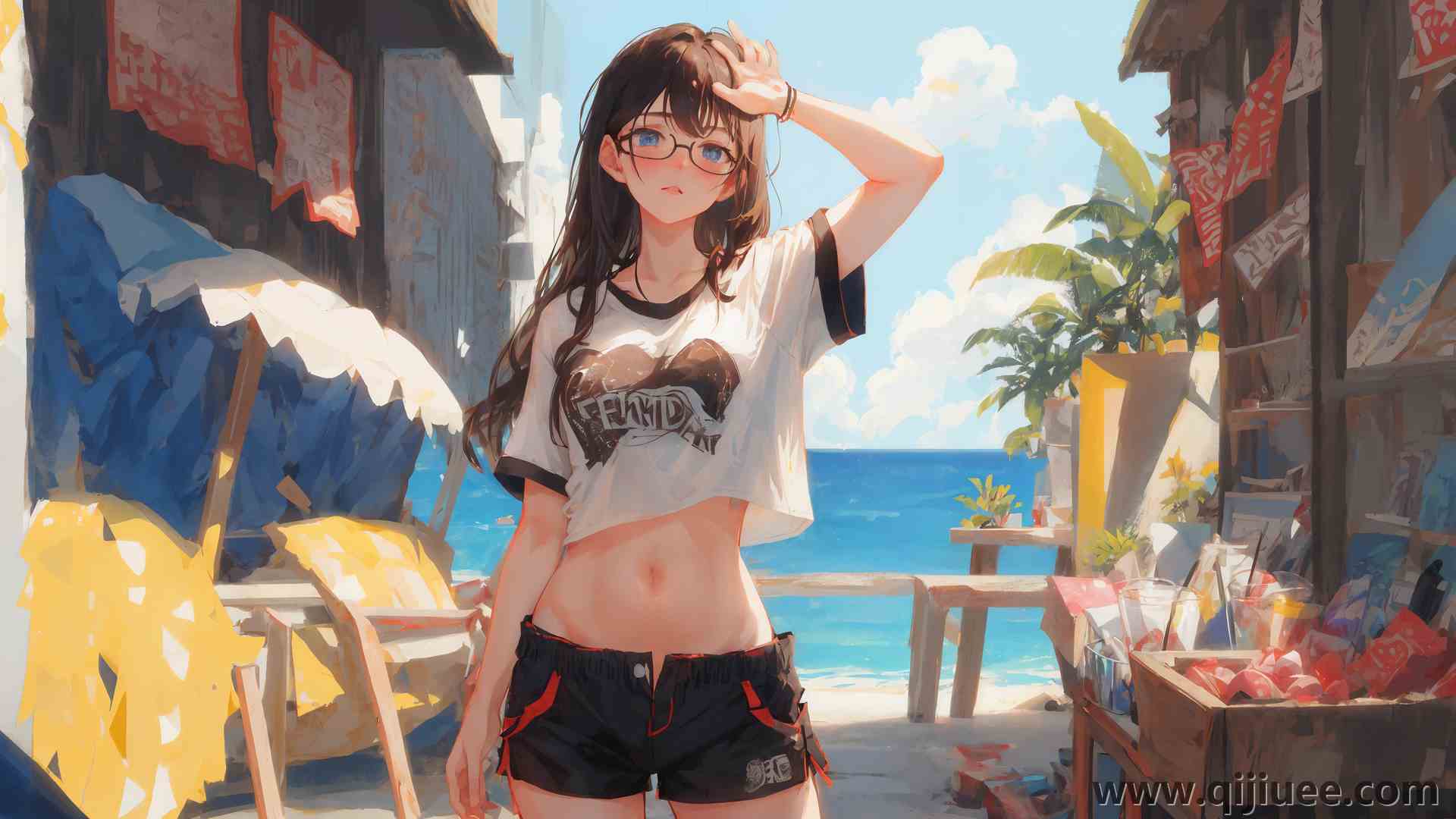 看观众 动漫 动漫女孩 眼镜 人工智能艺术 腮红 短裤 水 云 4K壁纸3840 x 2160/11.25 MB-柒染云阁