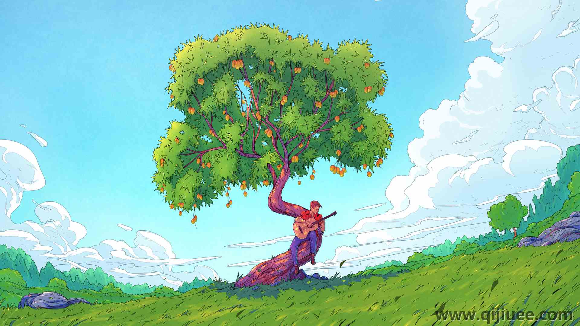 男人户外 基督教贝纳维德斯 AI艺术 奇幻艺术 吉他 云 树 梨树 艺术状态 天空 男人 3840 x 2160/2.99 MB-柒染云阁