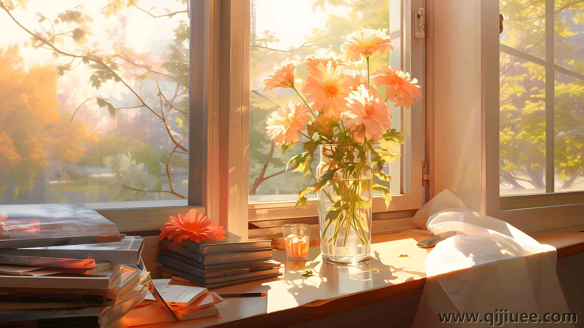 阳光 花园 书籍 鲜花 窗台 艺术 3840 x 2160/2.01 MB-柒染云阁