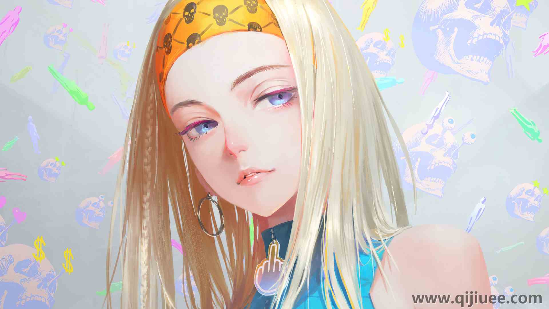 蓝眼睛 金发 横山 动漫女孩 AI艺术 发带 剪裁 嬉皮士 骷髅 3840 x 2160/1.72 MB-柒染云阁