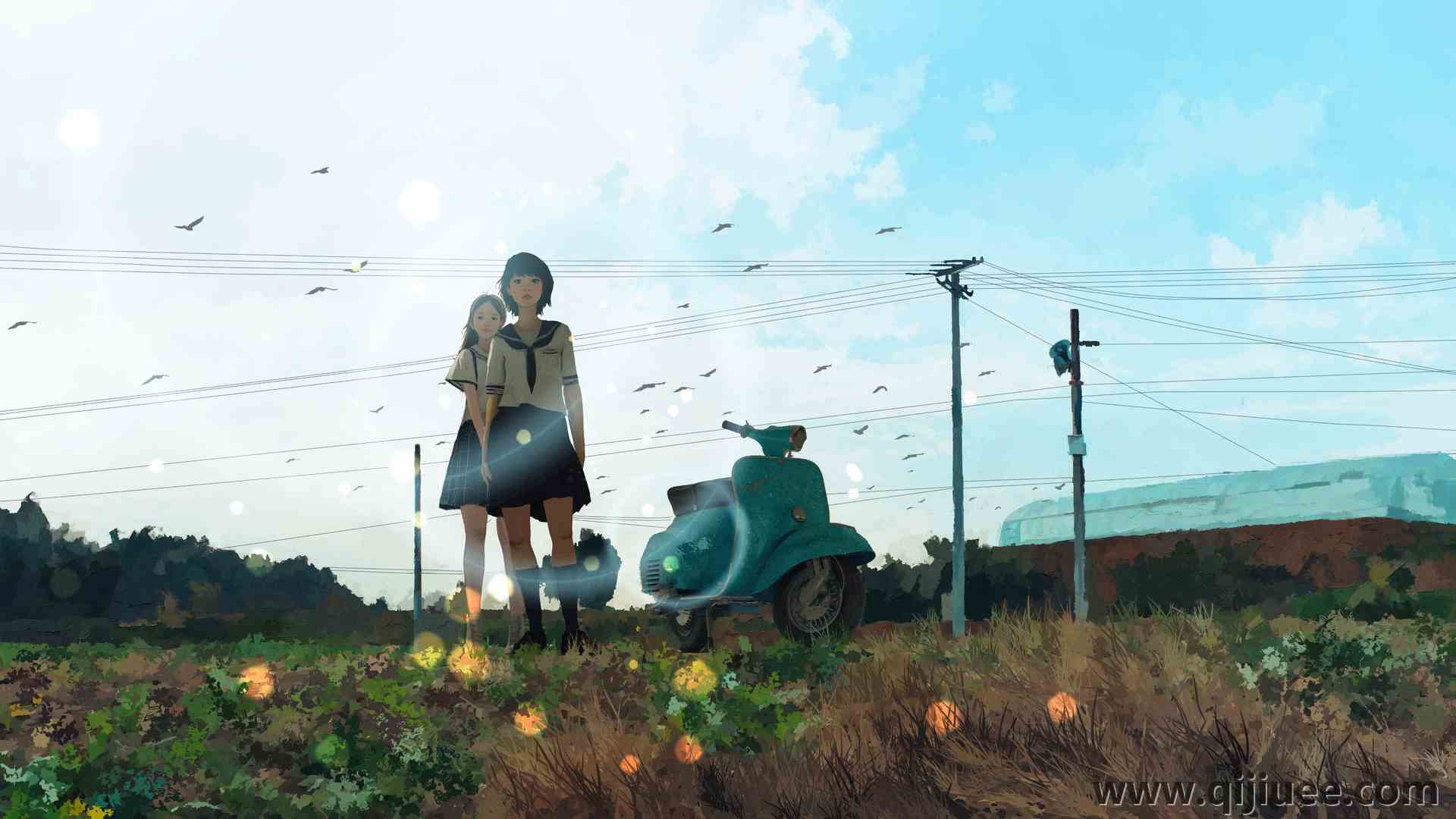 女学生 插画 风景 天空 滑板车 田野 电线 云 鸟 花 4K壁纸4000 x 2250/7.51 MB-柒染云阁