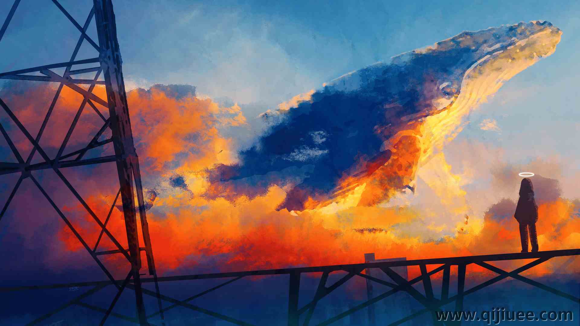 站立 插图 色彩缤纷 蓝鲸 幻想 风景 剪影 水彩 光环 日落 云彩 天空 塔 城市 鲸鱼 动物 飞鲸 4K壁纸5600 x 3152/6.6 MB-柒染云阁
