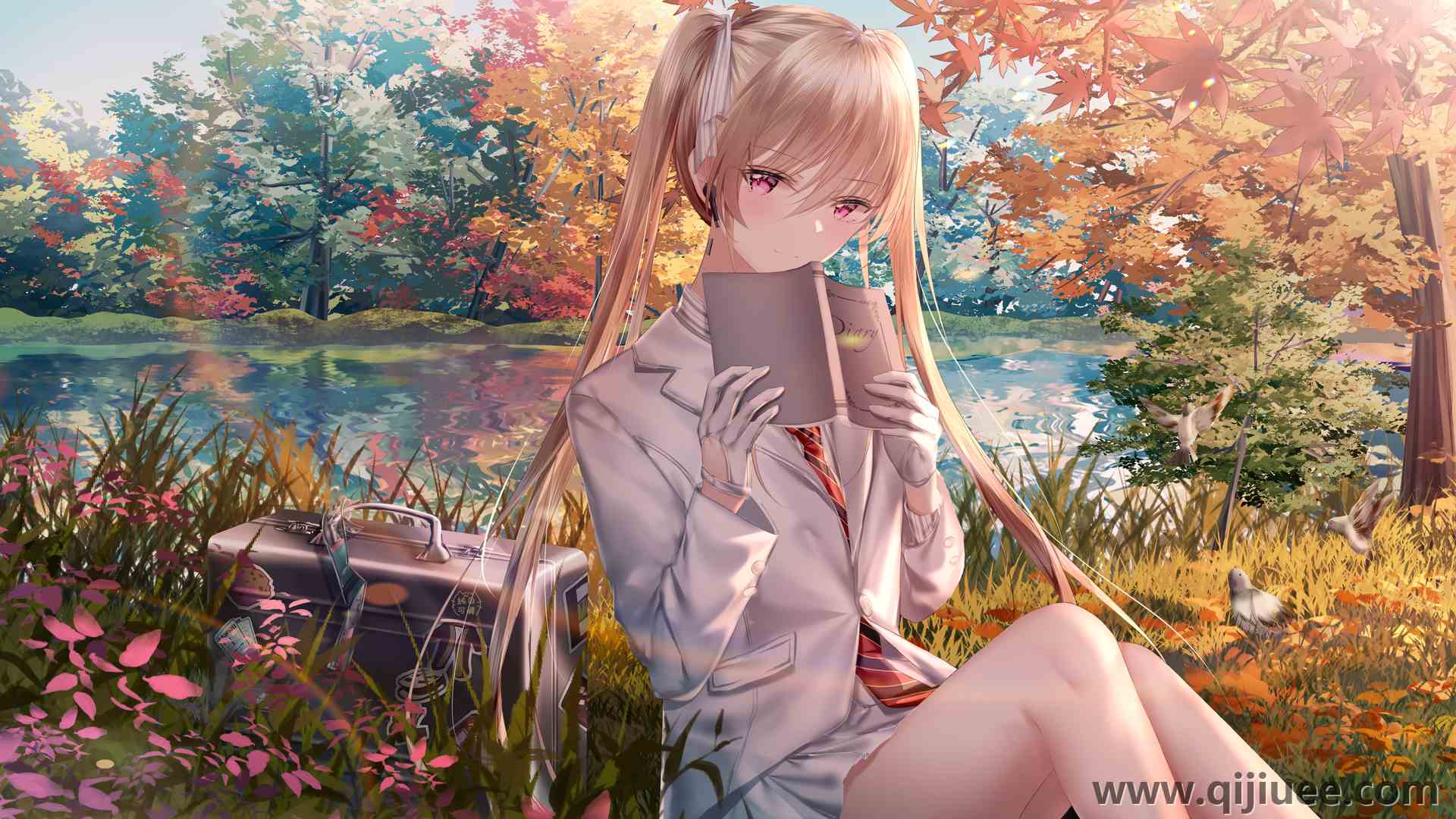 湖 树 秋天 双尾 紫色眼睛 校服 手中的书 3840 x 2160/2.71 MB-柒染云阁