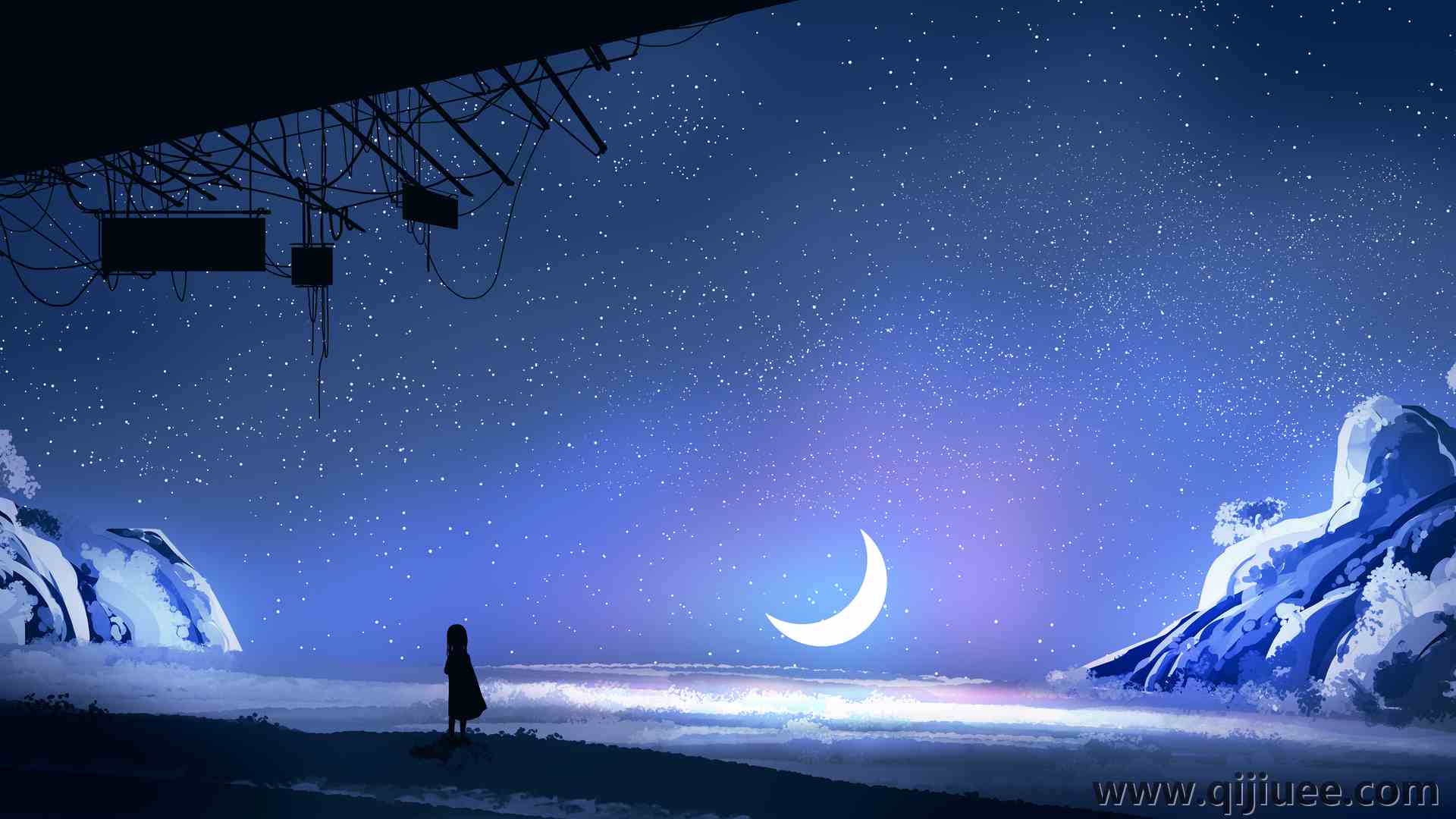 优雅 AI艺术 插图 极简主义 夜晚 星星 月亮 夜景 风景 自然 星夜 新月 星空 5640 x 2400/4.27 MB-柒染云阁
