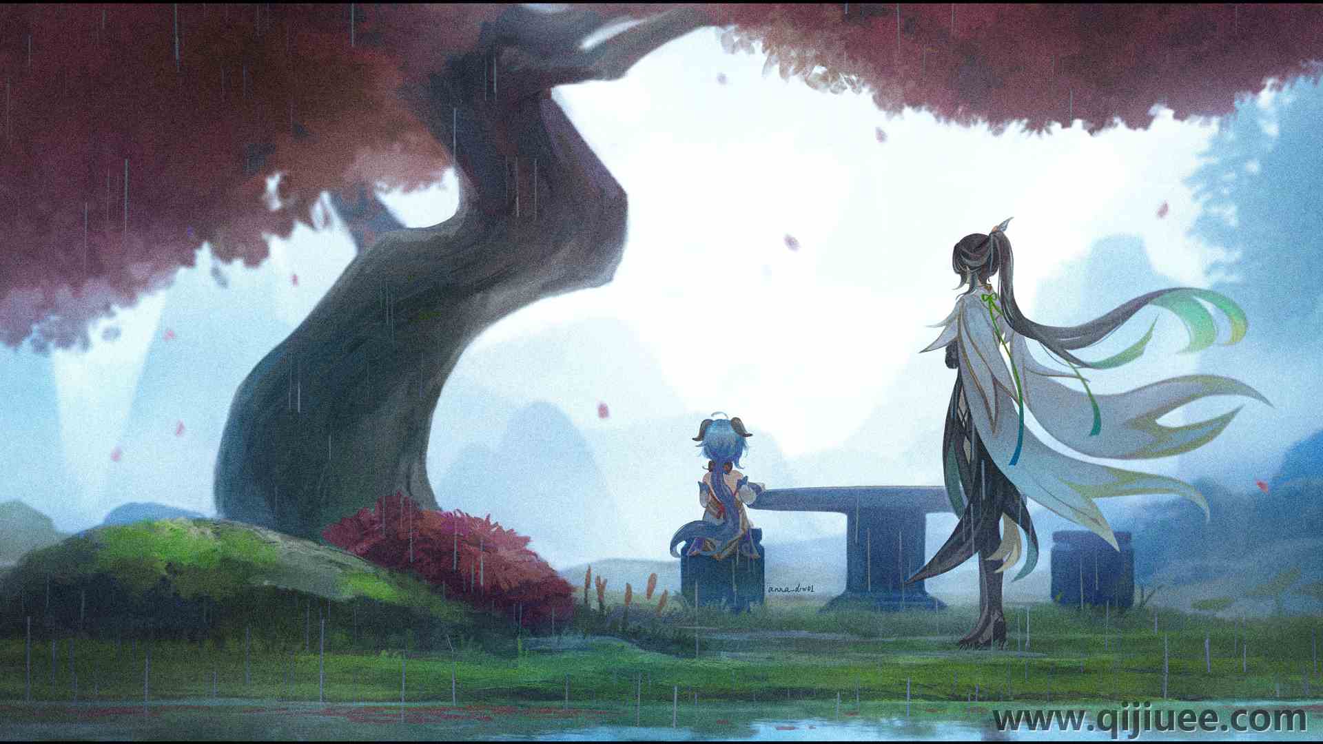 马尾辫 原神 动漫 动漫女孩 树 草 雨 4049 x 2782/4.82 MB-柒染云阁