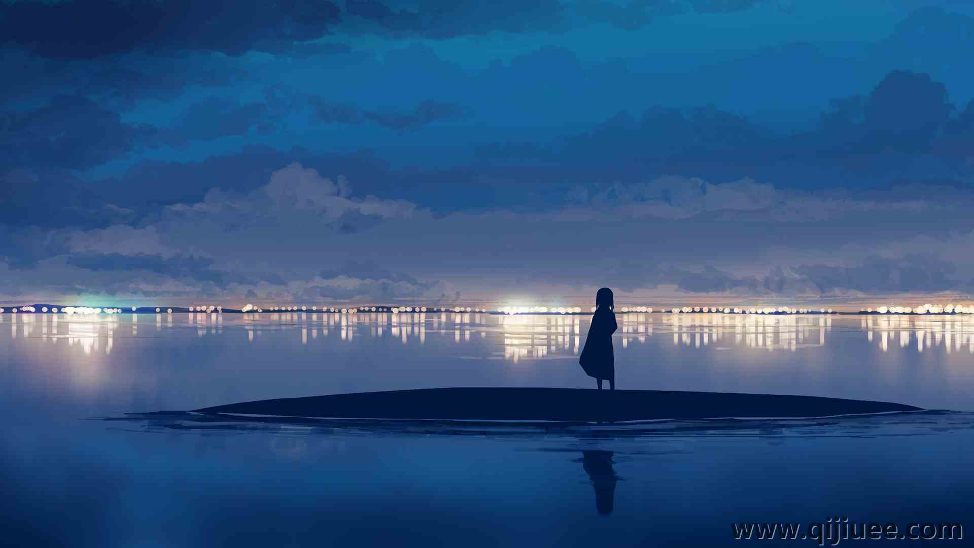 优雅 动漫 动漫女孩 地平线 云 天空 剪影 河边 反射 灯光 水 5640 x 2400/2.58 MB-柒染云阁