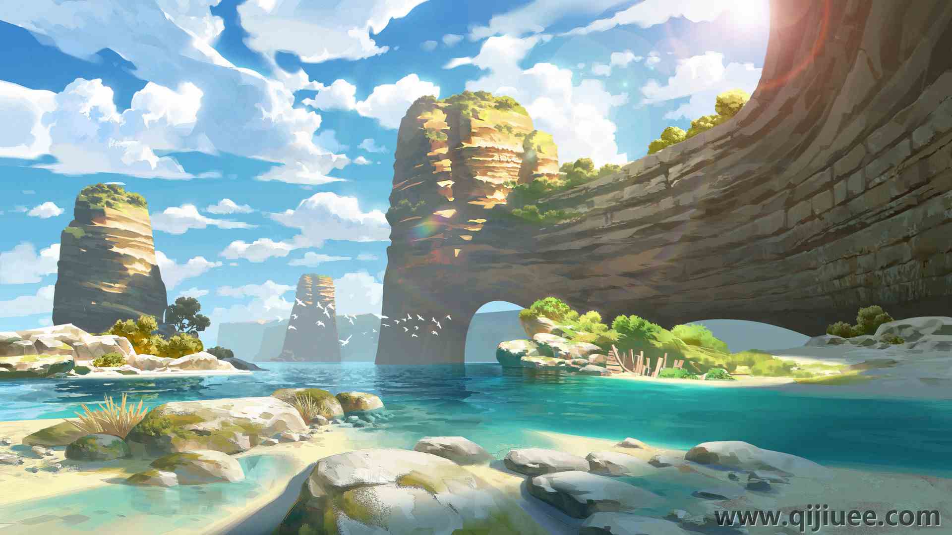 凯文·格努茨曼 风景 AI艺术 插图 自然 海滩 海洋 悬崖 岩层 云 沙 水 阳光 天空 3840 x 2254/2.81 MB-柒染云阁