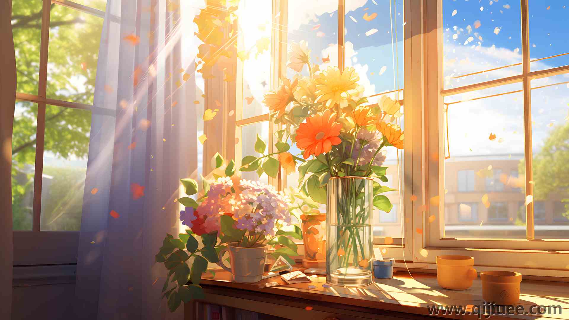 阳光 花朵 花瓣 窗户 阳光 树叶 植物 窗帘 3840 x 2160/2 MB-柒染云阁