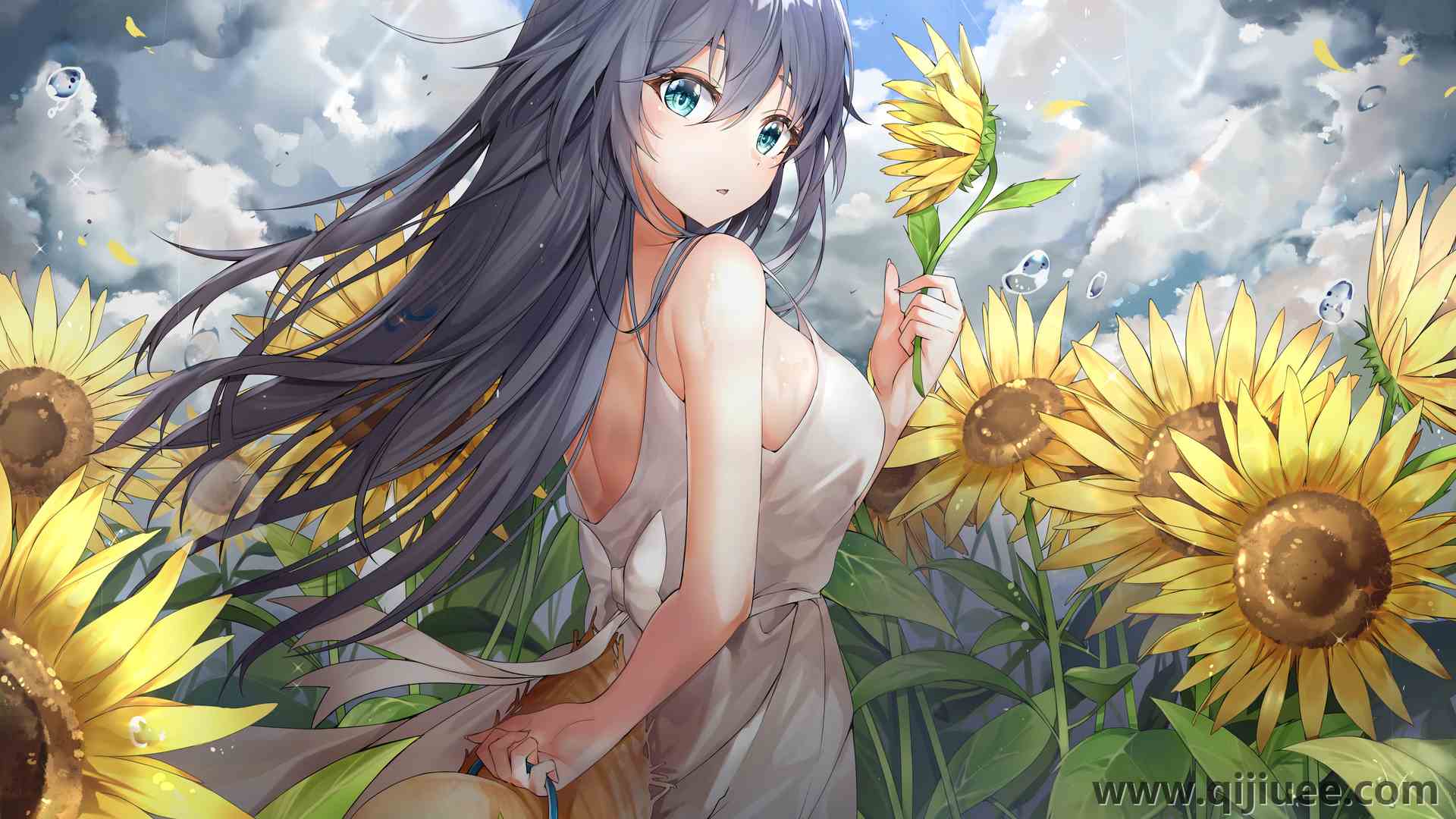 长发 蓝眼睛 福华 夏装 向日葵 白色连衣裙 黑发 太阳裙 动漫女孩 3840 x 2160/2.42 MB-柒染云阁