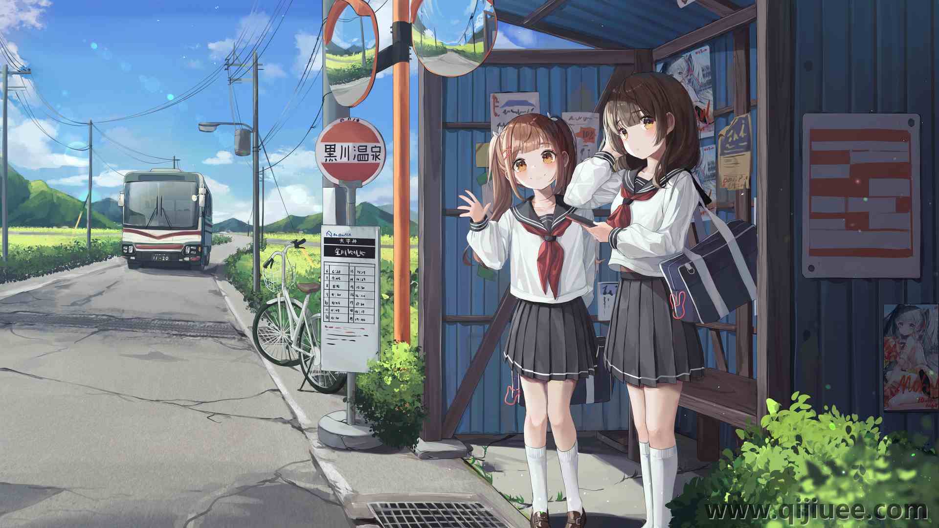 挥手 微笑 黑发 动漫女孩 校服 棕色的眼睛3840 x 2160/3.12 MB-柒染云阁