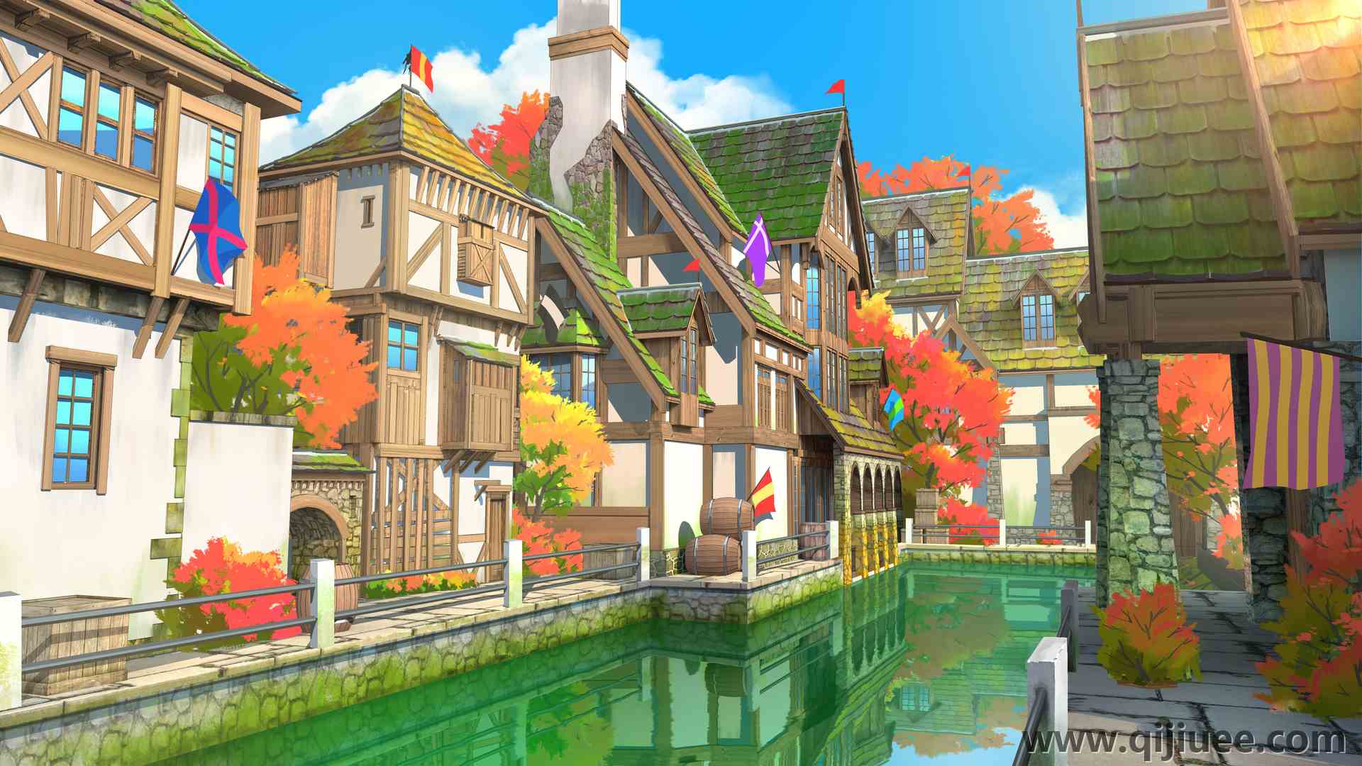 AI艺术 运河 房屋 瀑布 旗帜 风景 3840 x 2160/3.09 MB-柒染云阁