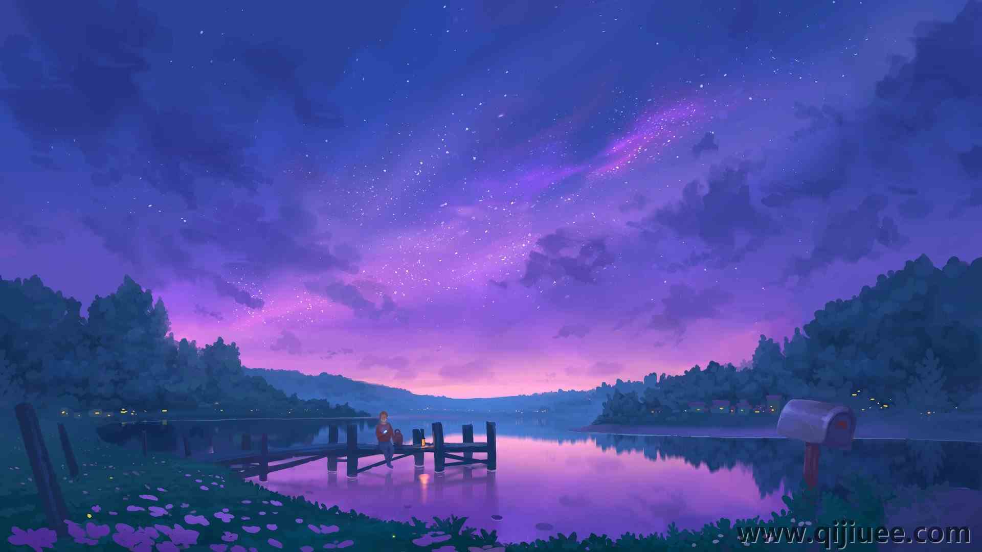 夜 星星 湖 码头 紫色 蓝色 星空 码头 平静 3840 x 2160/0.4 MB-柒染云阁