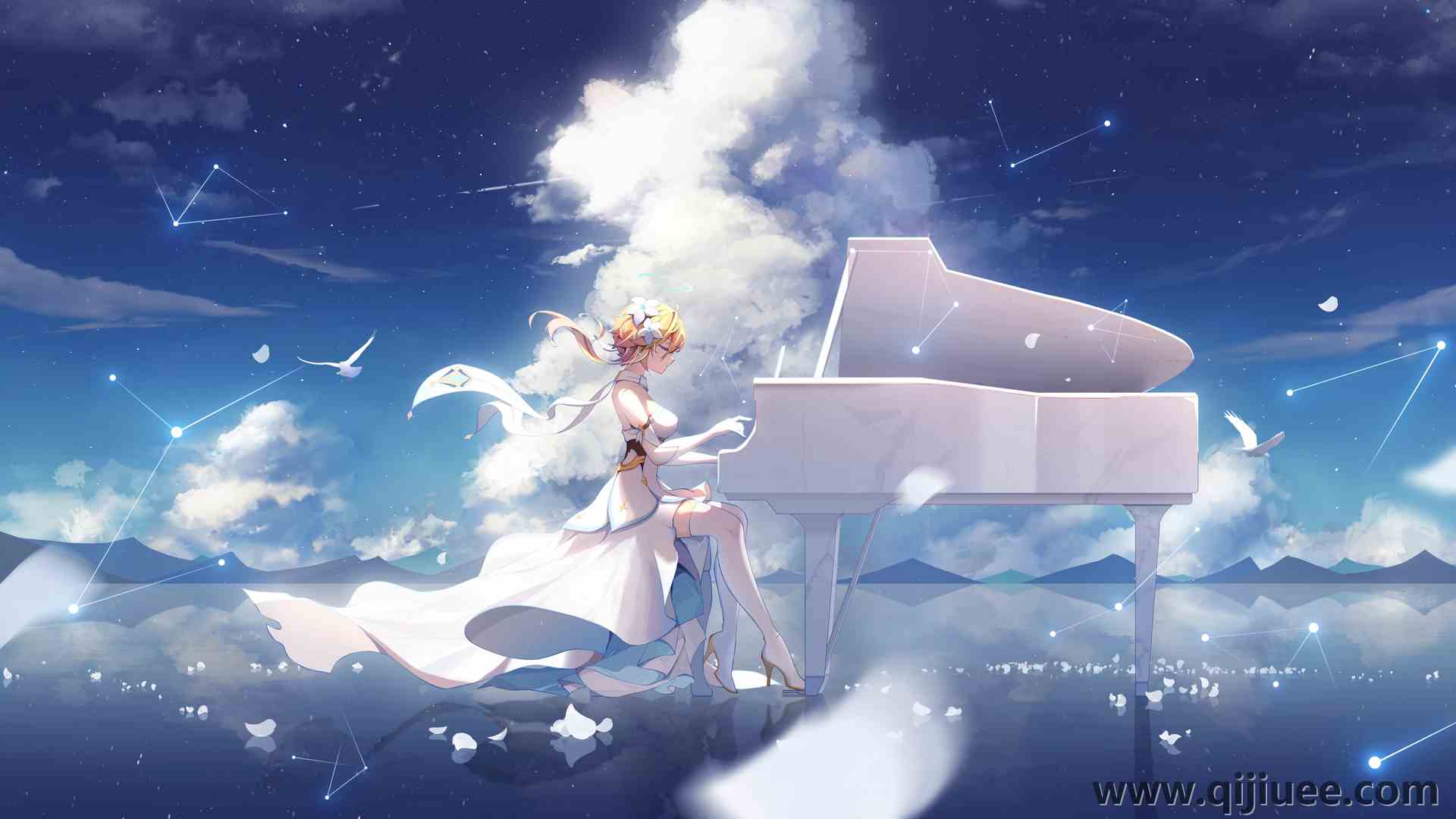 坐着 金发女郎 闭着眼睛  天空 云彩 连衣裙 头发中的花  电脑壁纸 4K壁纸5000 x 2657/4.61 MB-柒染云阁