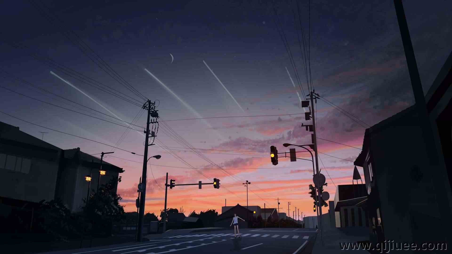 街道 房屋 红绿灯 日落 夕阳辉光 城市 人行天桥 轨道 3840 x 2160/0.23 MB-柒染云阁