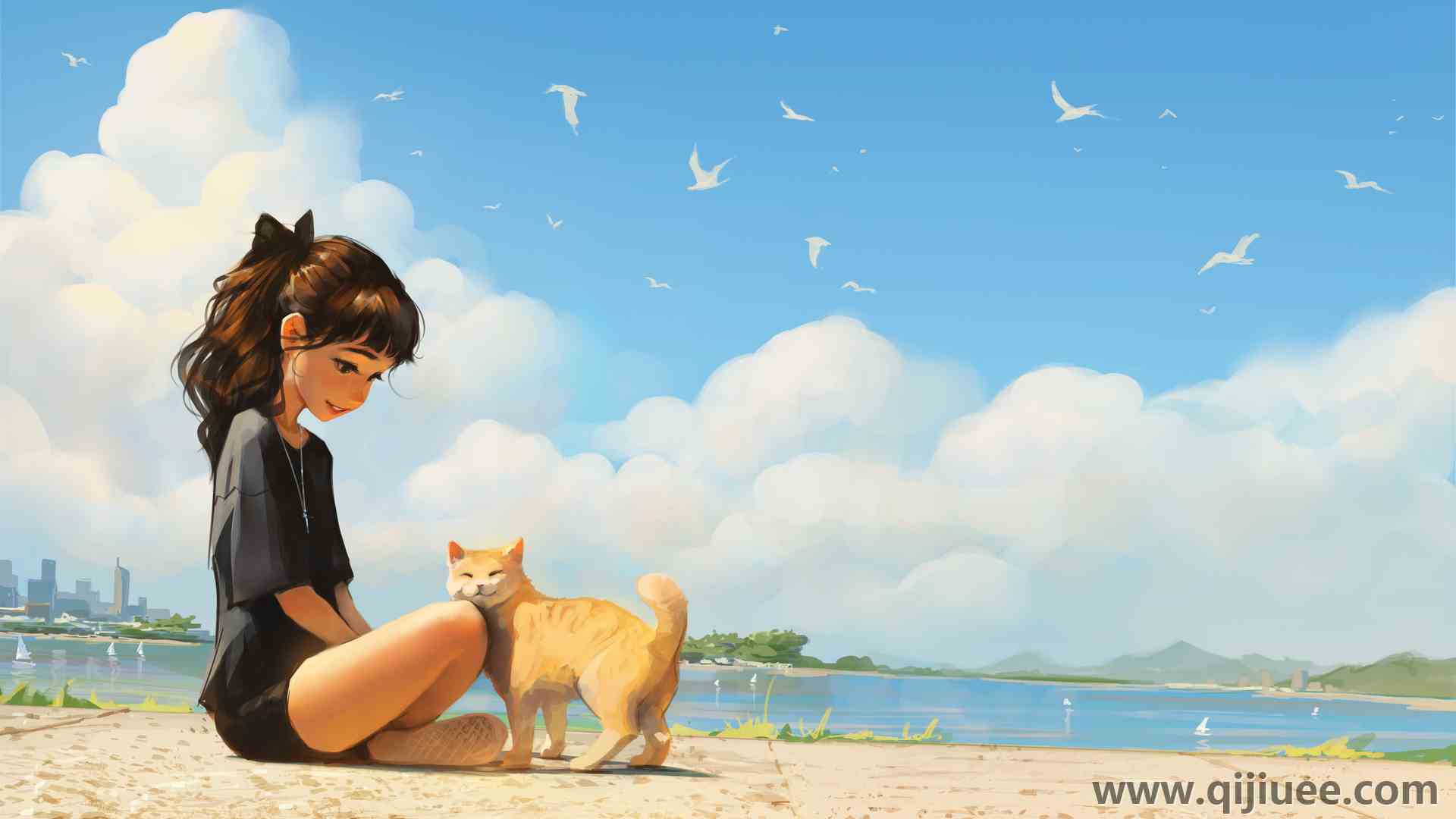 山姆·杨 马尾辫 坐在地上的女孩 微笑 弯曲的腿 猫3840 x 2160/0.95 MB-柒染云阁