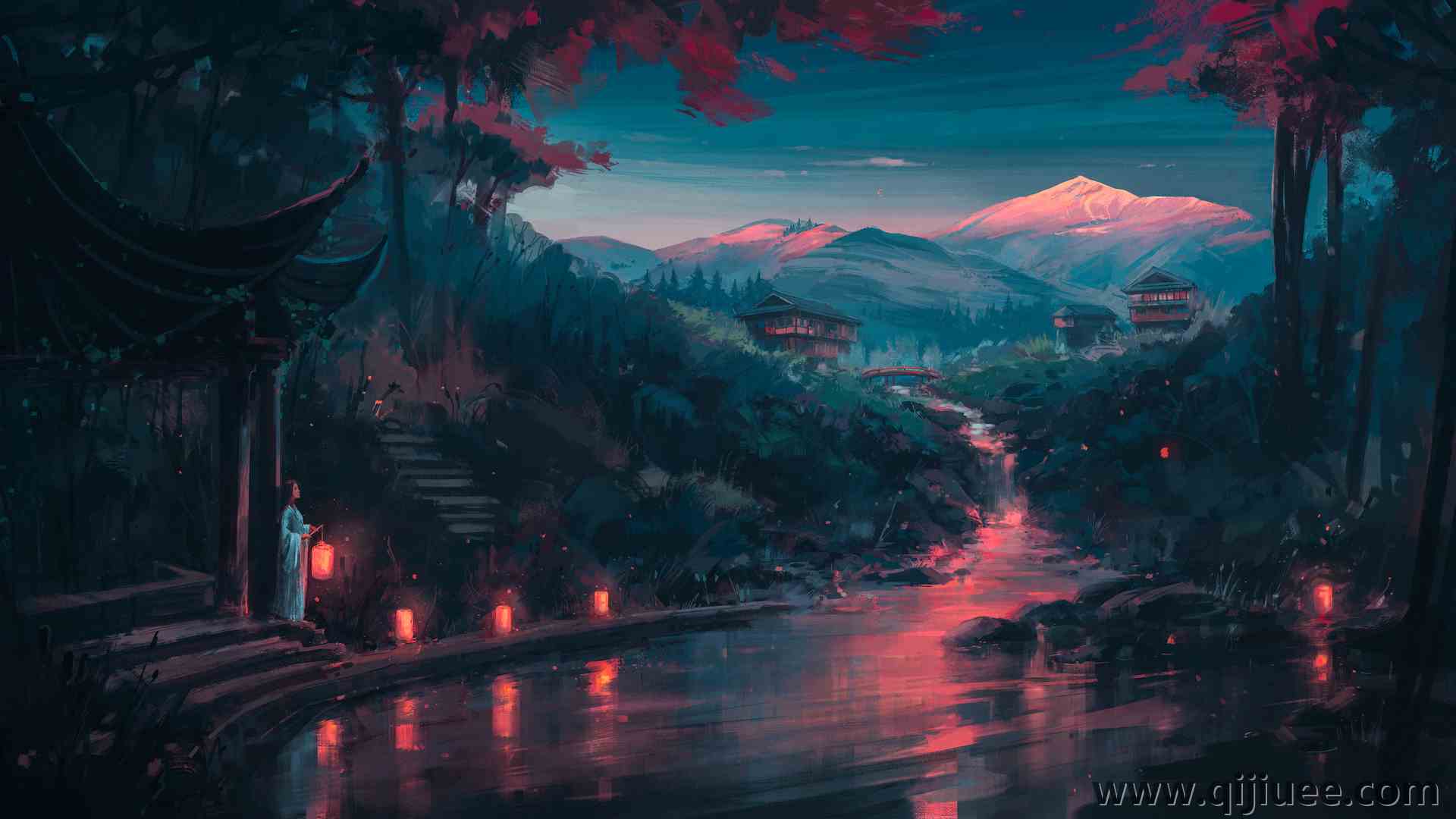 AI艺术 图片 插图 绘画 风景 自然 山脉 倒影 森林 树木 鸟取 桥 水 灯笼  电脑壁纸 4K壁纸3840 x 2160/8.43 MB-柒染云阁