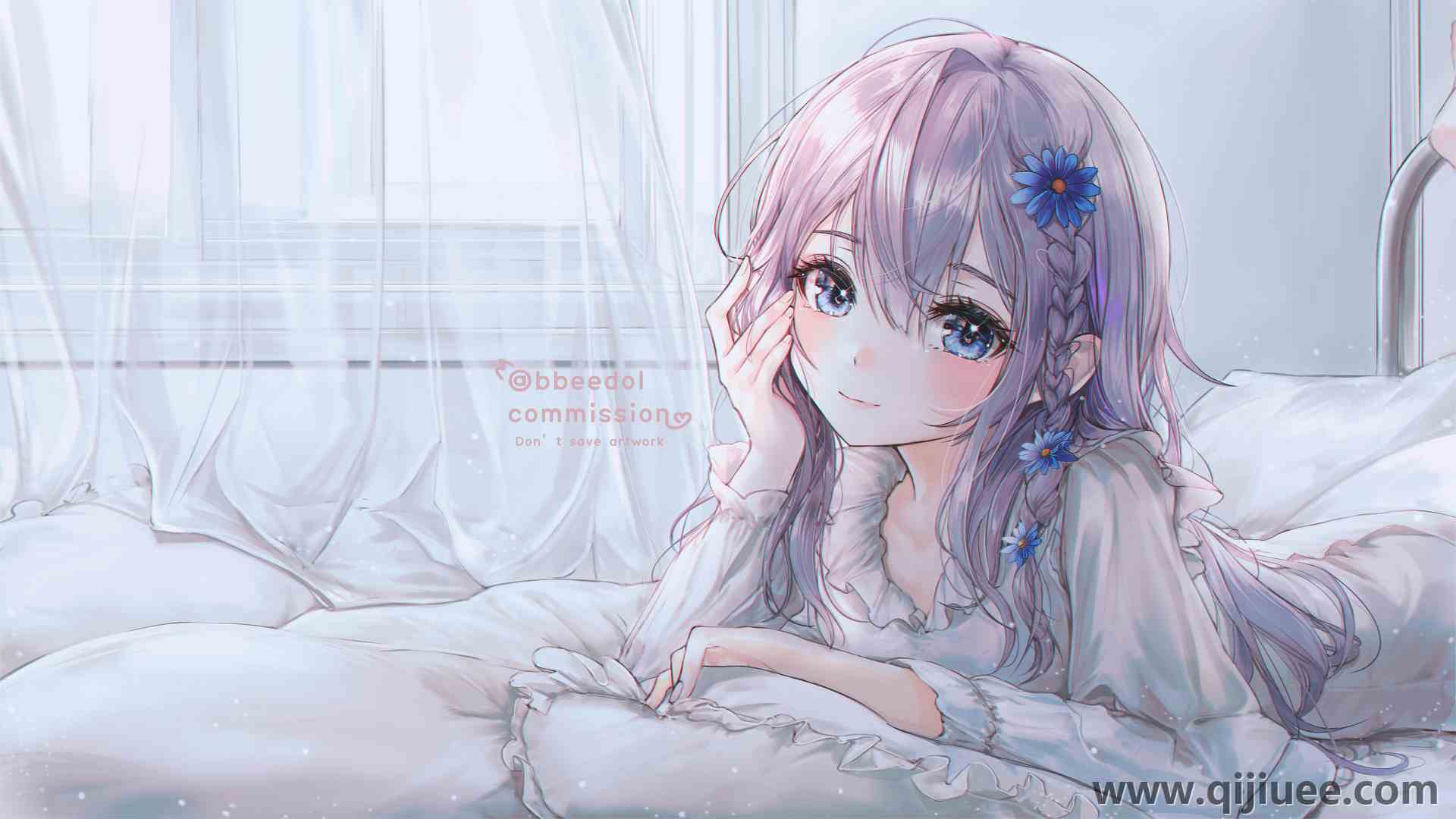 蓝眼睛  动漫 动漫女孩 银发 托腮的女孩3840 x 2160/2.39 MB-柒染云阁