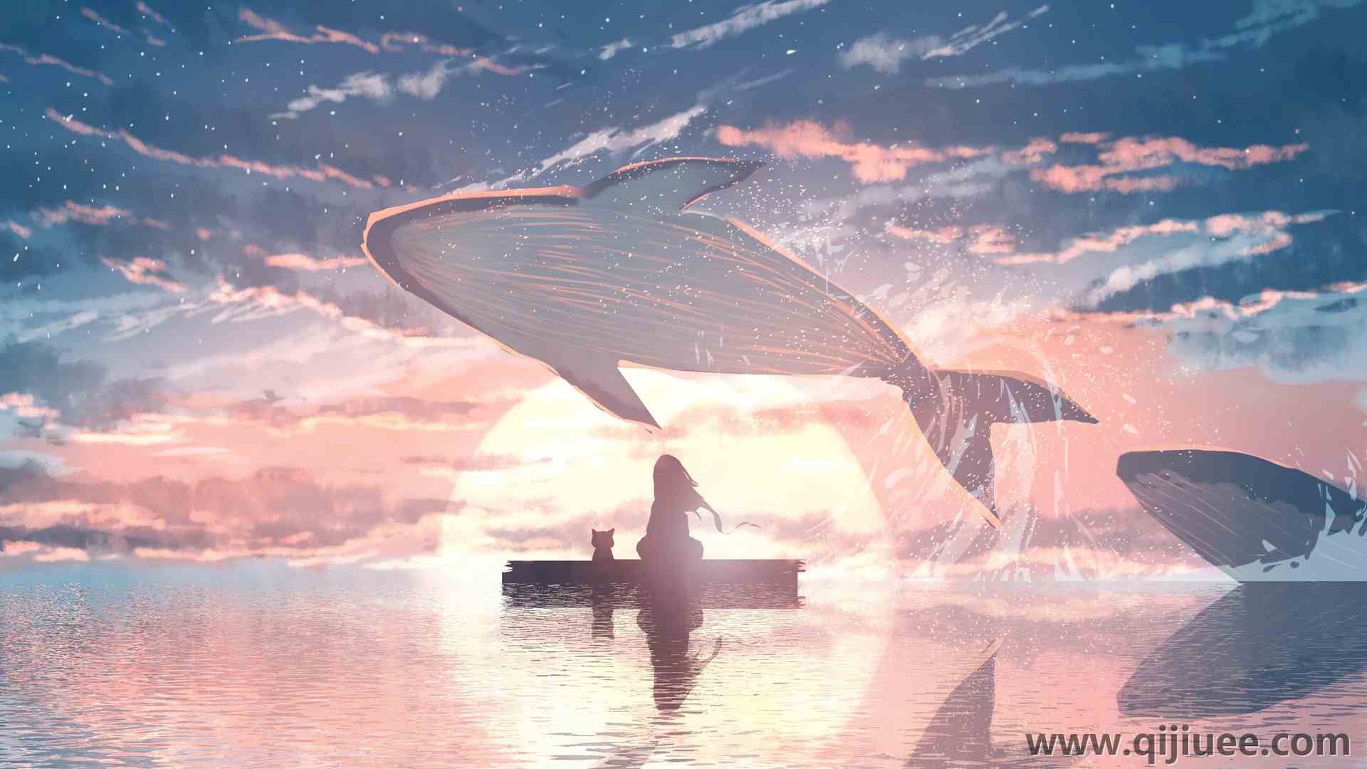 海 动漫女孩 夕阳 鲸鱼 水 云 动物 电脑壁纸 4K壁纸4000 x 2526/3.75 MB-柒染云阁