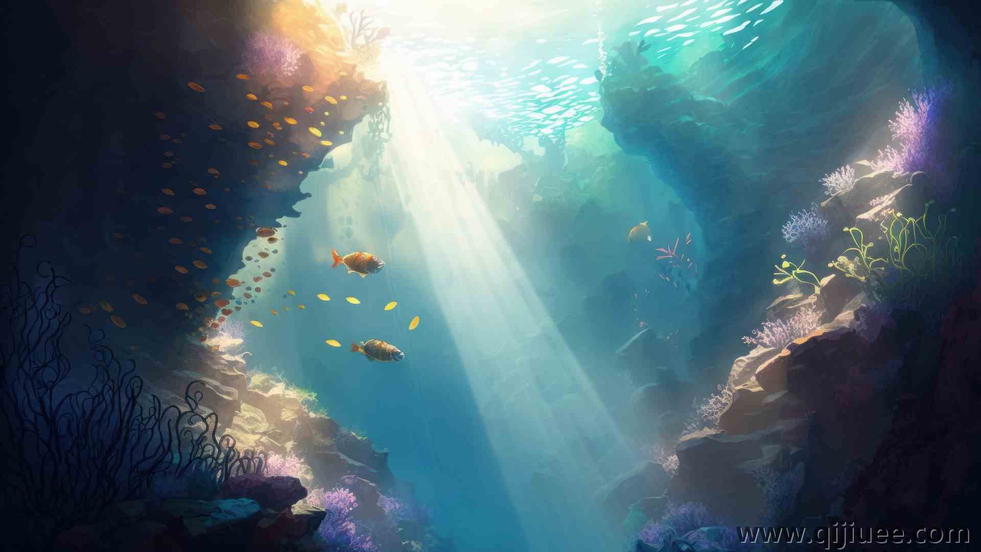 艺术 水下 数码绘画 珊瑚礁 水中 水中 鱼 动物 阳光  电脑壁纸 4K壁纸4579 x 2616/6.77 MB-柒染云阁