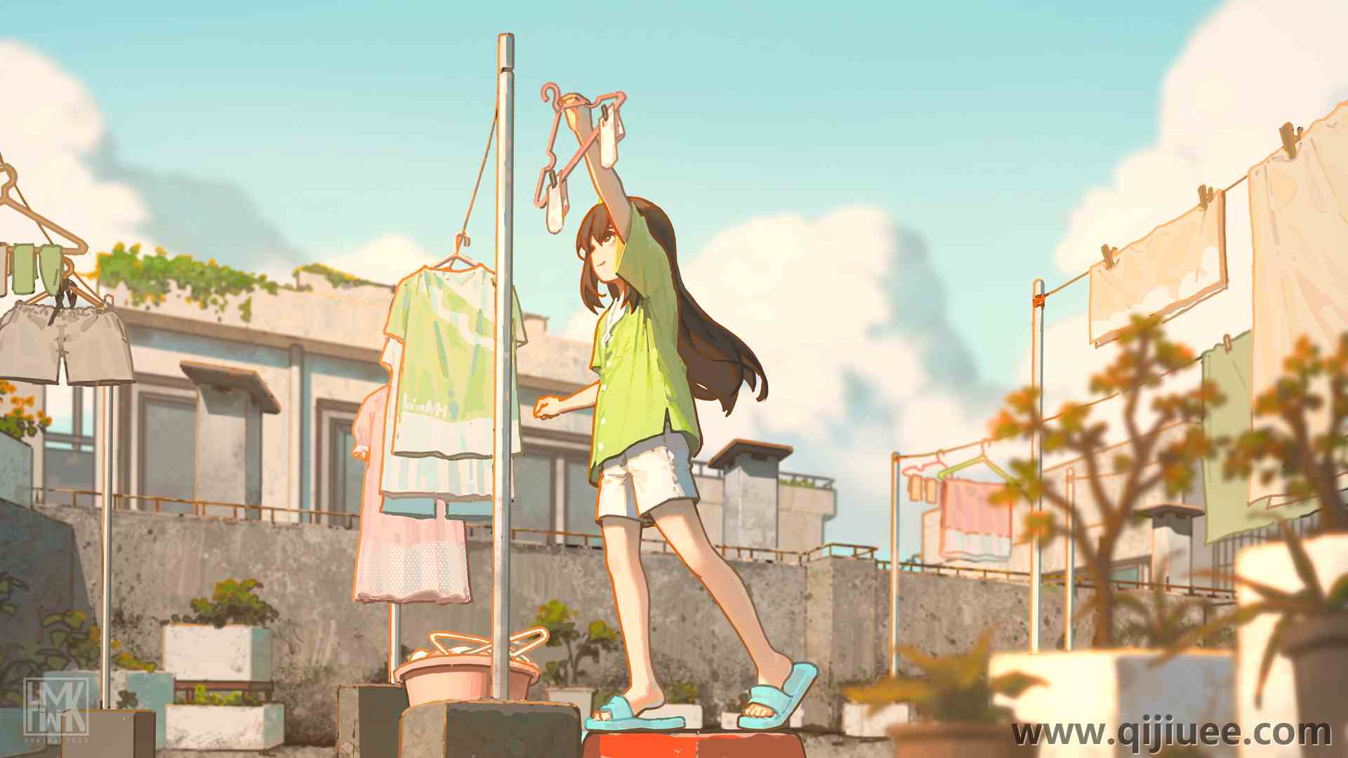 洗衣 动漫女孩 天空 云 植物 建筑 衣服  电脑壁纸 4K壁纸5255 x 2957/11.52 MB-柒染云阁