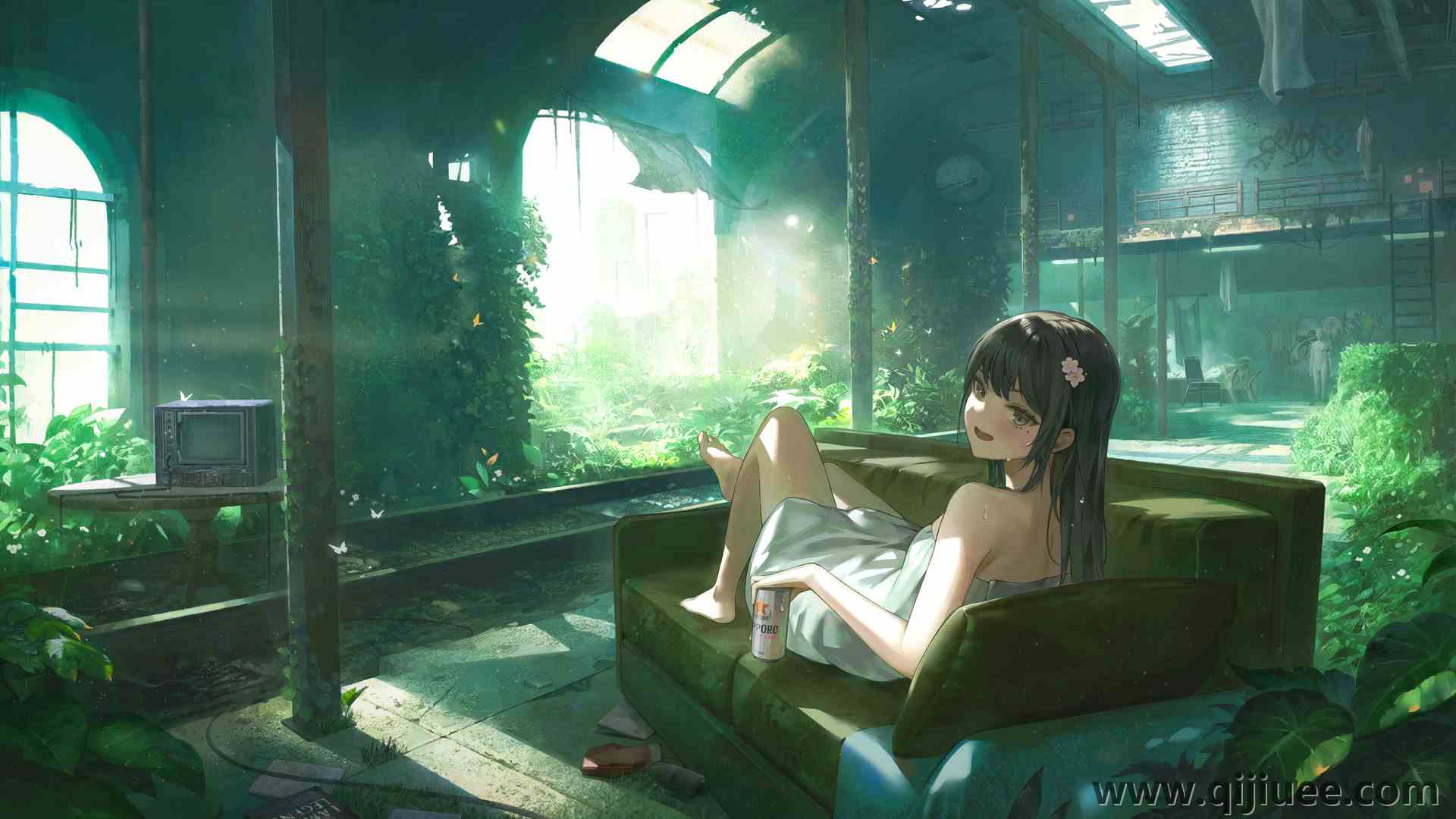 动漫 动漫女孩 沙发 树叶 啤酒  电脑壁纸 4K壁纸4592 x 2657/2.06 MB-柒染云阁