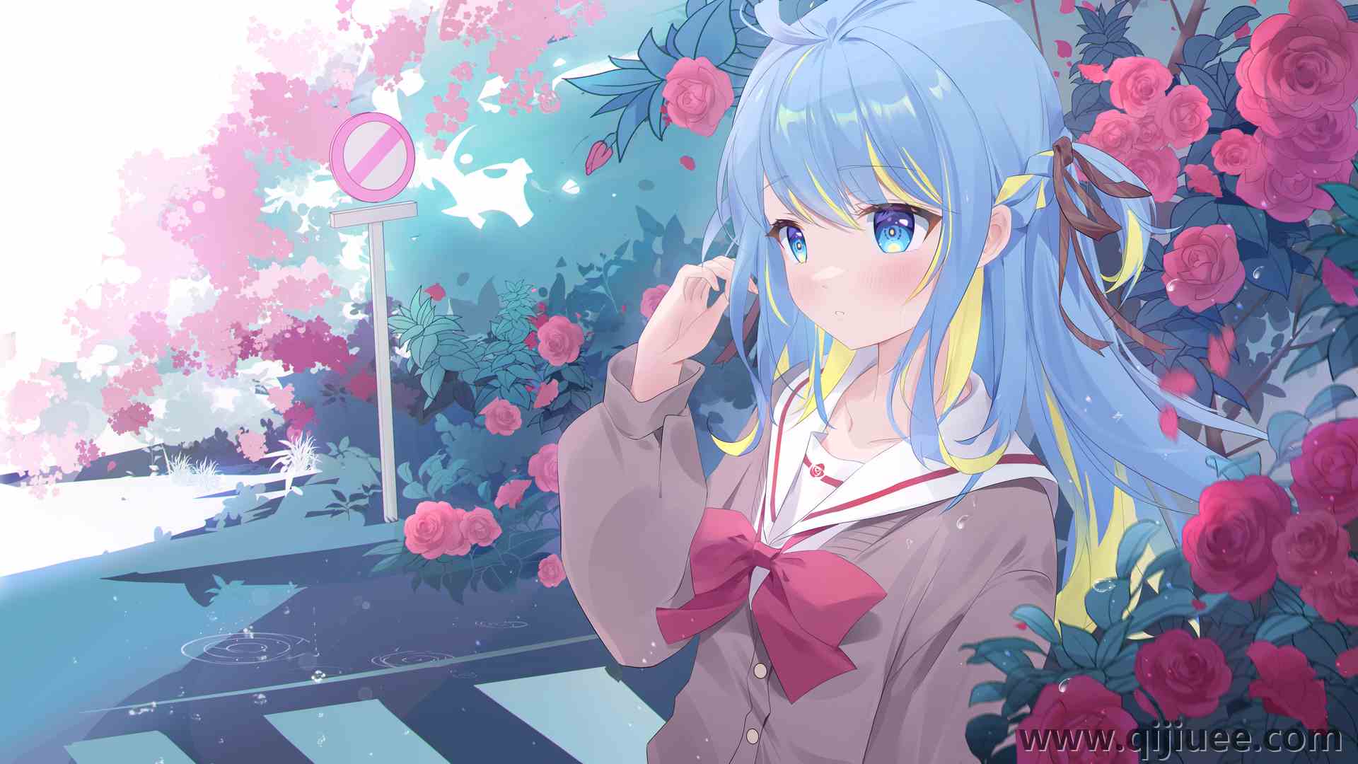 动漫 动漫女孩 校服 站牌 玫瑰 雨 双色调头发  电脑壁纸 4K壁纸5920 x 3330/10.91 MB-柒染云阁