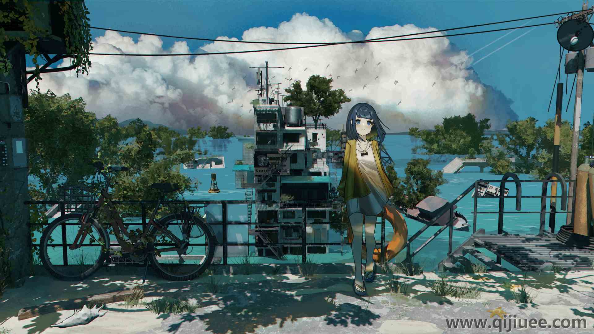 AI艺术 数字绘画 插图 动漫女孩 云 环境 风景 街道 电脑壁纸 8K壁纸8951 x 4212/15.64 MB-柒染云阁