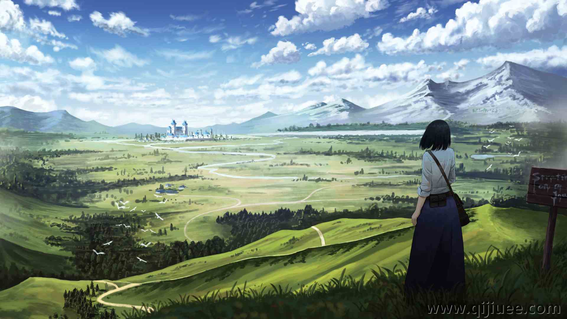 站立 短发 动漫少女 青草 雪峰 天空 云 风景  电脑壁纸 4K壁纸4000 x 2300/3.75 MB-柒染云阁