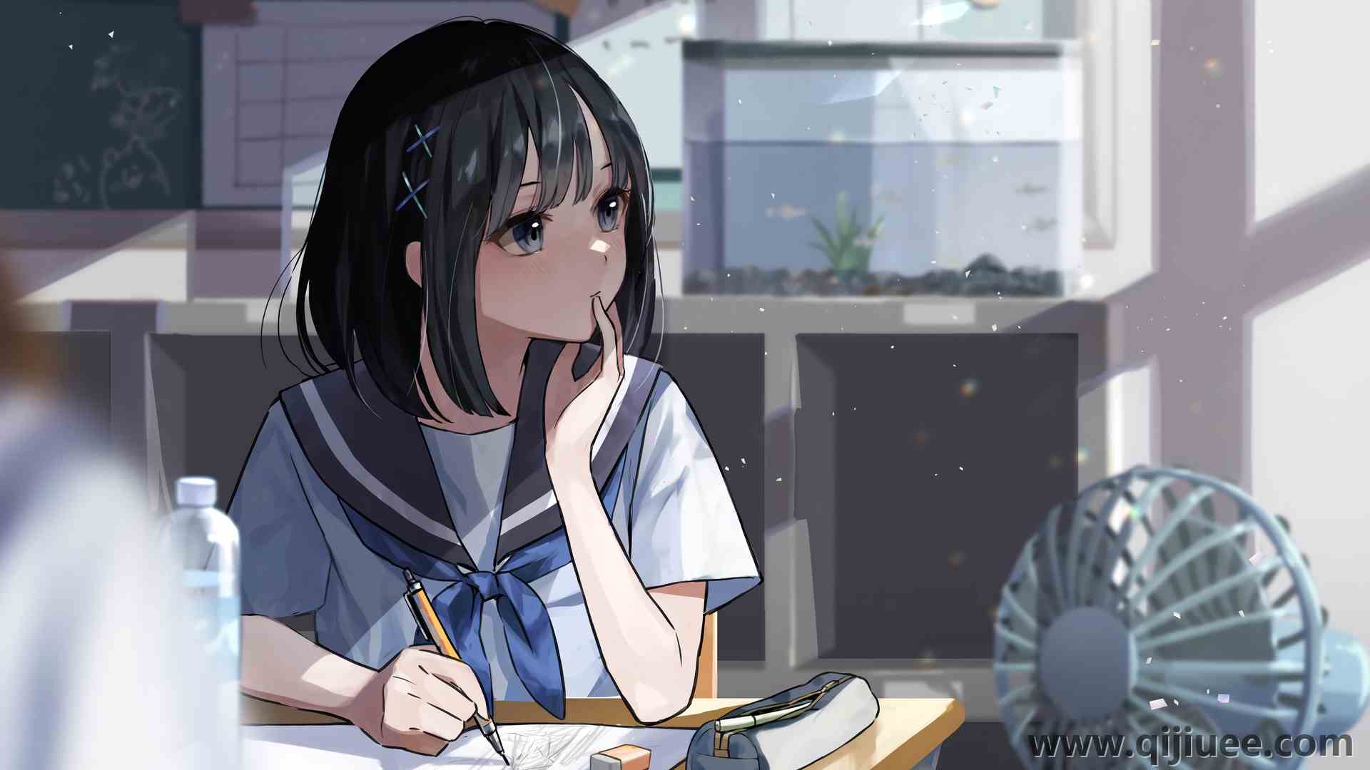 刘海 动漫女孩 黑发 校服 教室  电脑壁纸 4K壁纸5120 x 3200/5.85 MB-柒染云阁