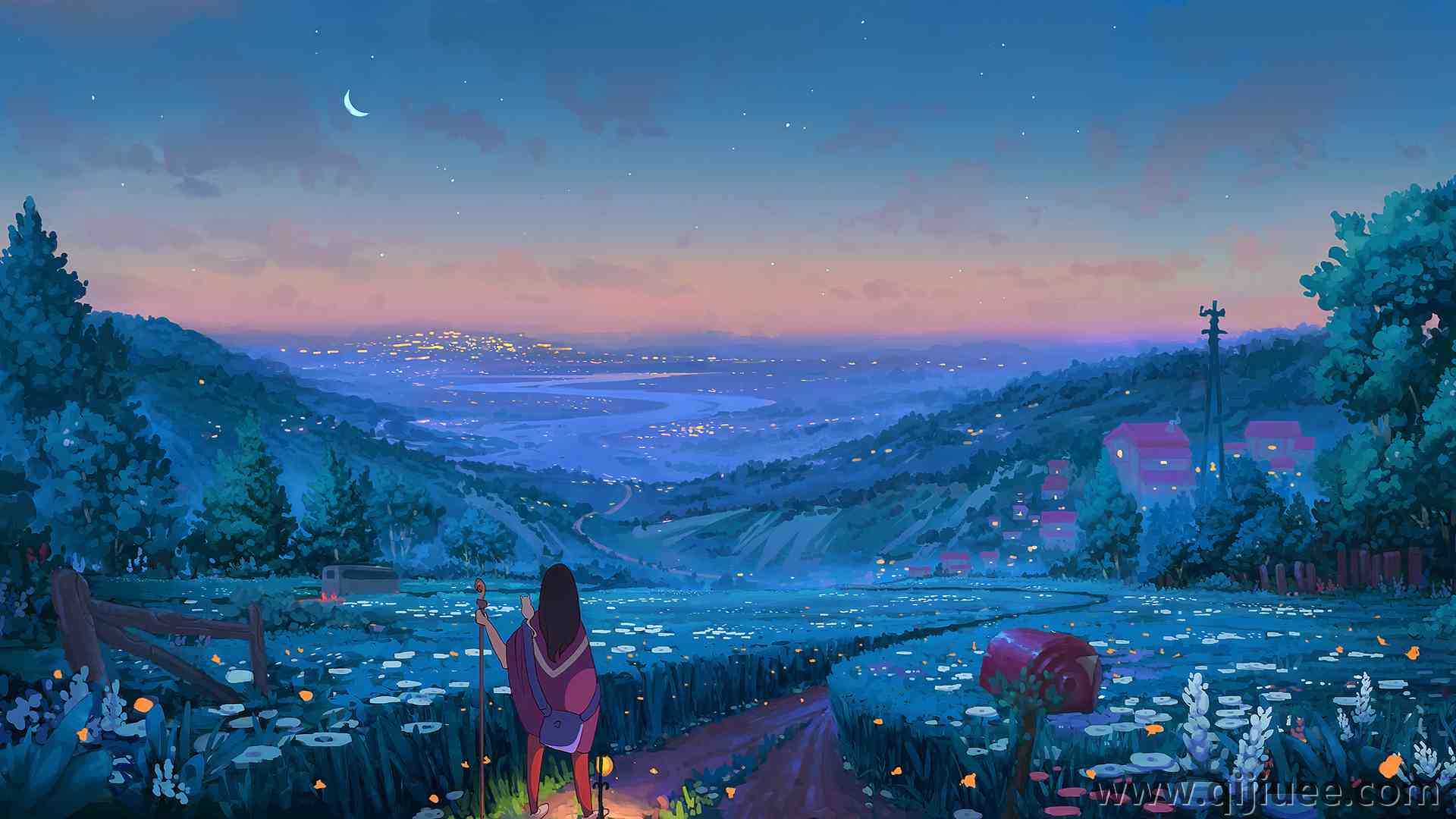 女人 晚上 草 月亮 树 路 AI艺术  电脑壁纸 4K壁纸3840 x 2160/10.13 MB-柒染云阁