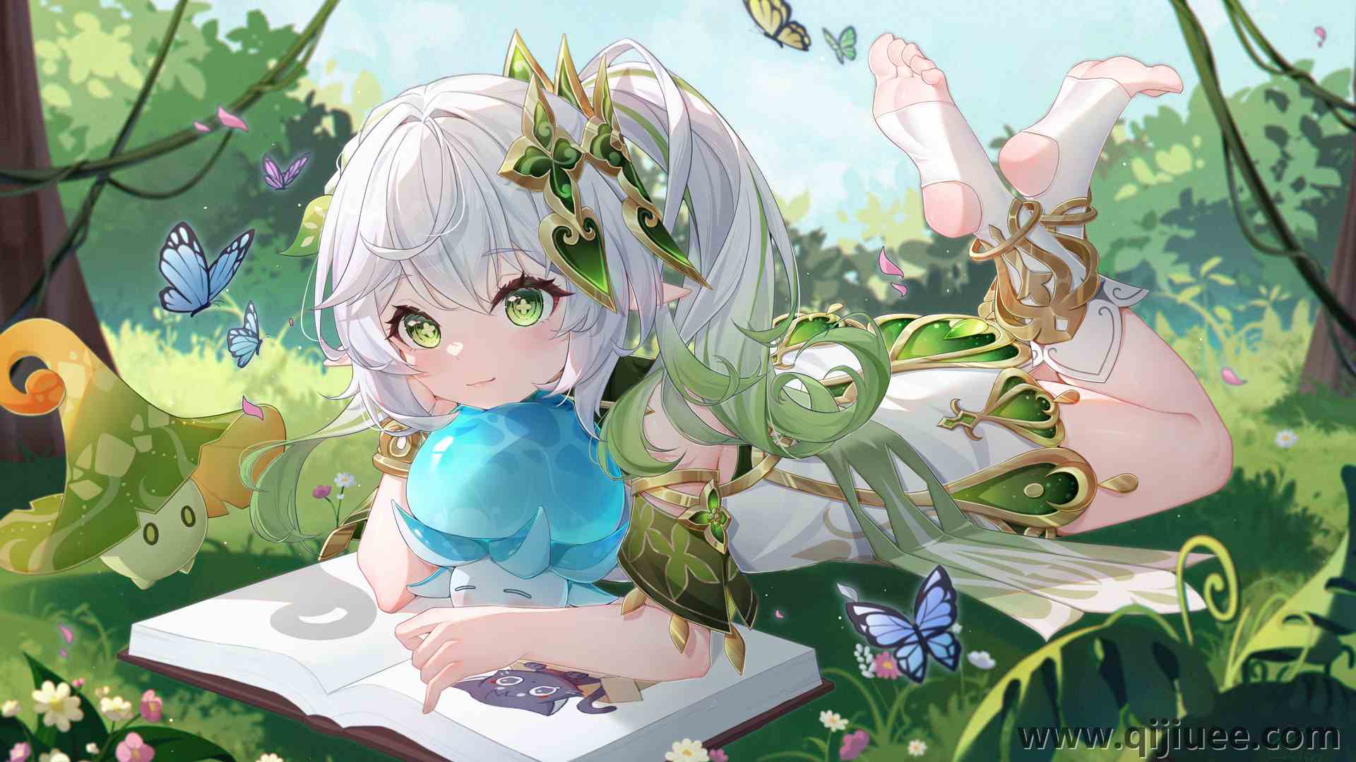 白发 马尾辫 侧马尾辫 绿色眼睛 精灵女孩 电脑壁纸 4K壁纸4291 x 2777/15.89 MB-柒染云阁