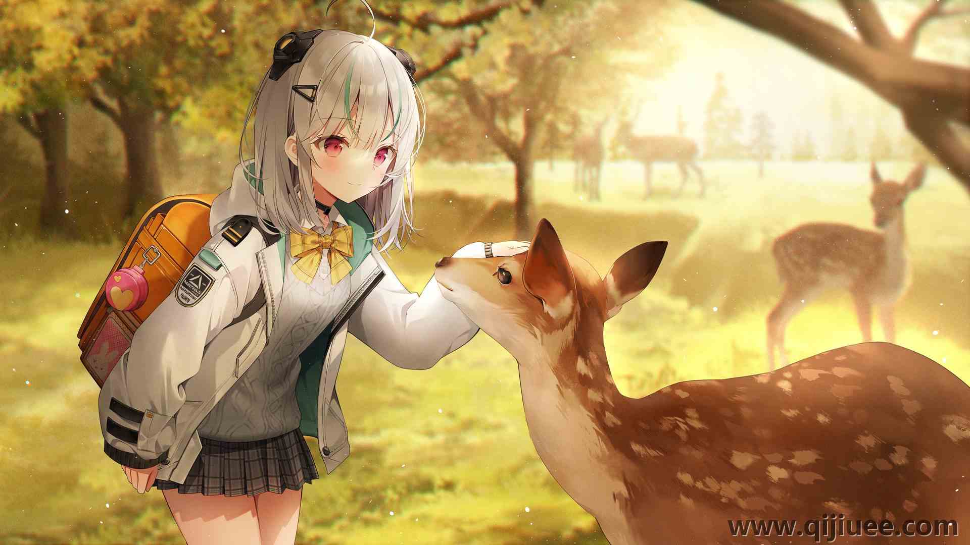 红眼睛 动漫 动漫女孩 鹿 背包 裙子 校服 树  电脑壁纸 4K壁纸5760 x 3240/3.32 MB-柒染云阁
