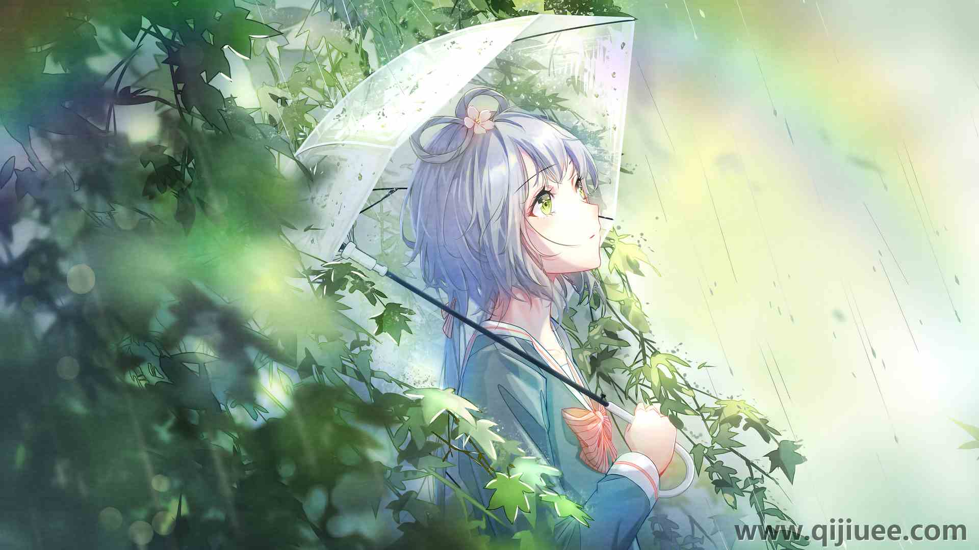 绿眼睛 目光移开 动漫 动漫女孩 雨伞 雨  电脑壁纸 4K壁纸5120 x 2880/11.73 MB-柒染云阁