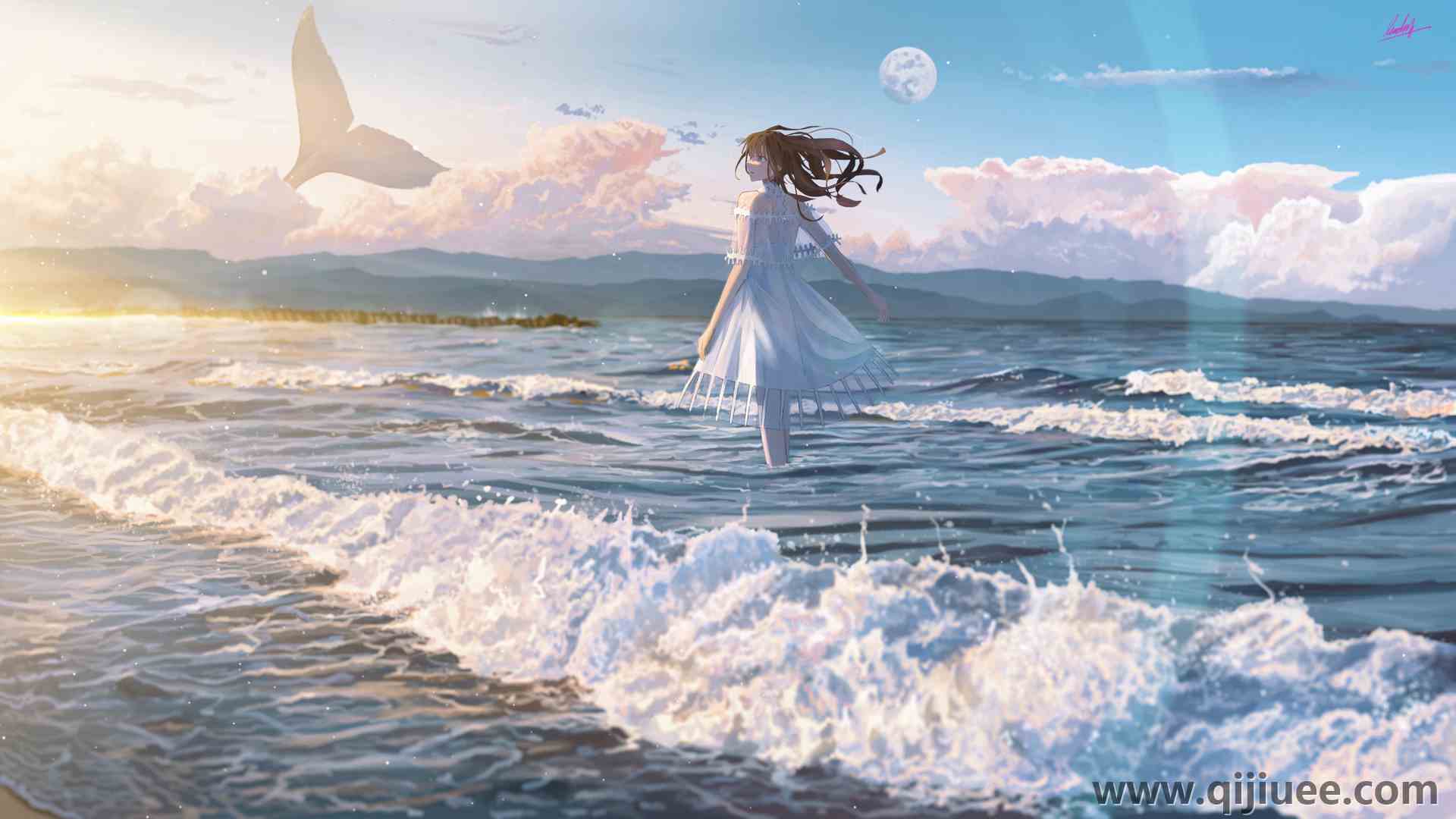放逐 黑发 动漫 动漫女孩 海滩 连衣裙  电脑壁纸 4K壁纸4000 x 2250/13.05 MB-柒染云阁