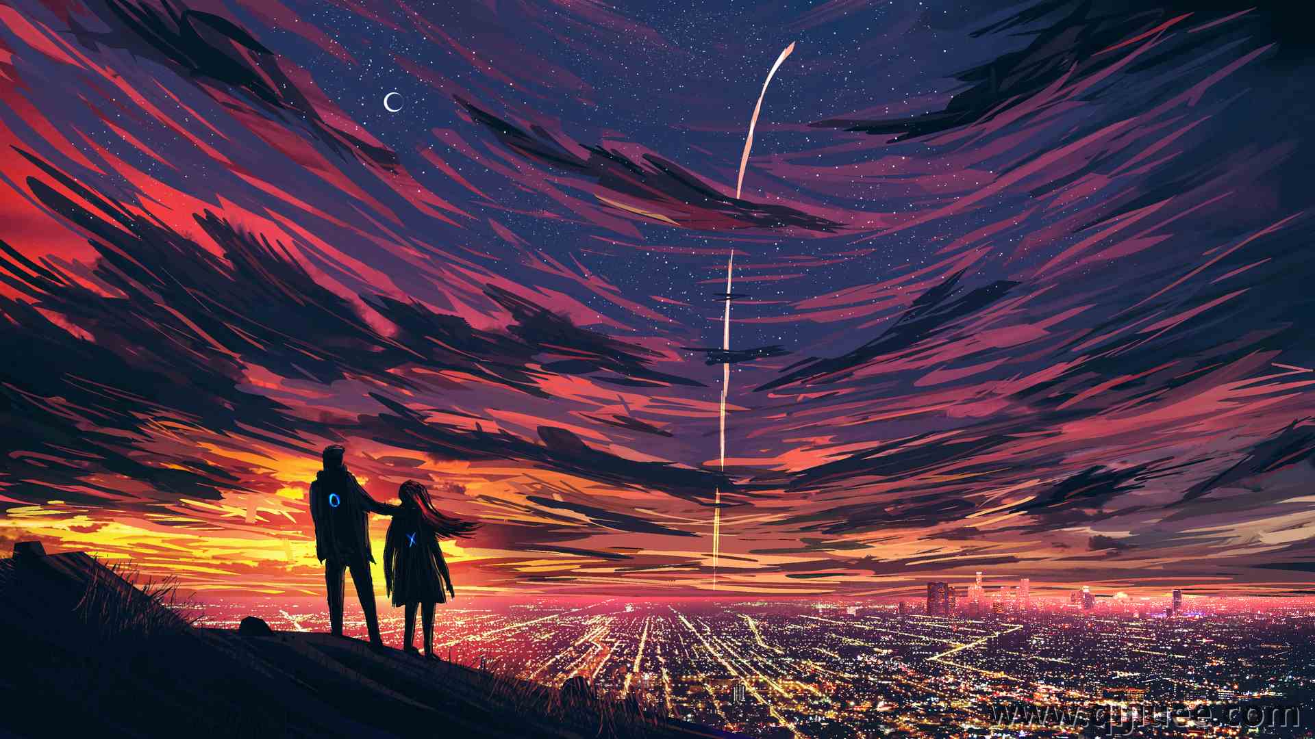 情侣 插图 AI艺术 抽象 城市景观 行星 云 夜 夜景 城市灯光 月亮  电脑壁纸 4K壁纸3840 x 2160/6.48 MB-柒染云阁