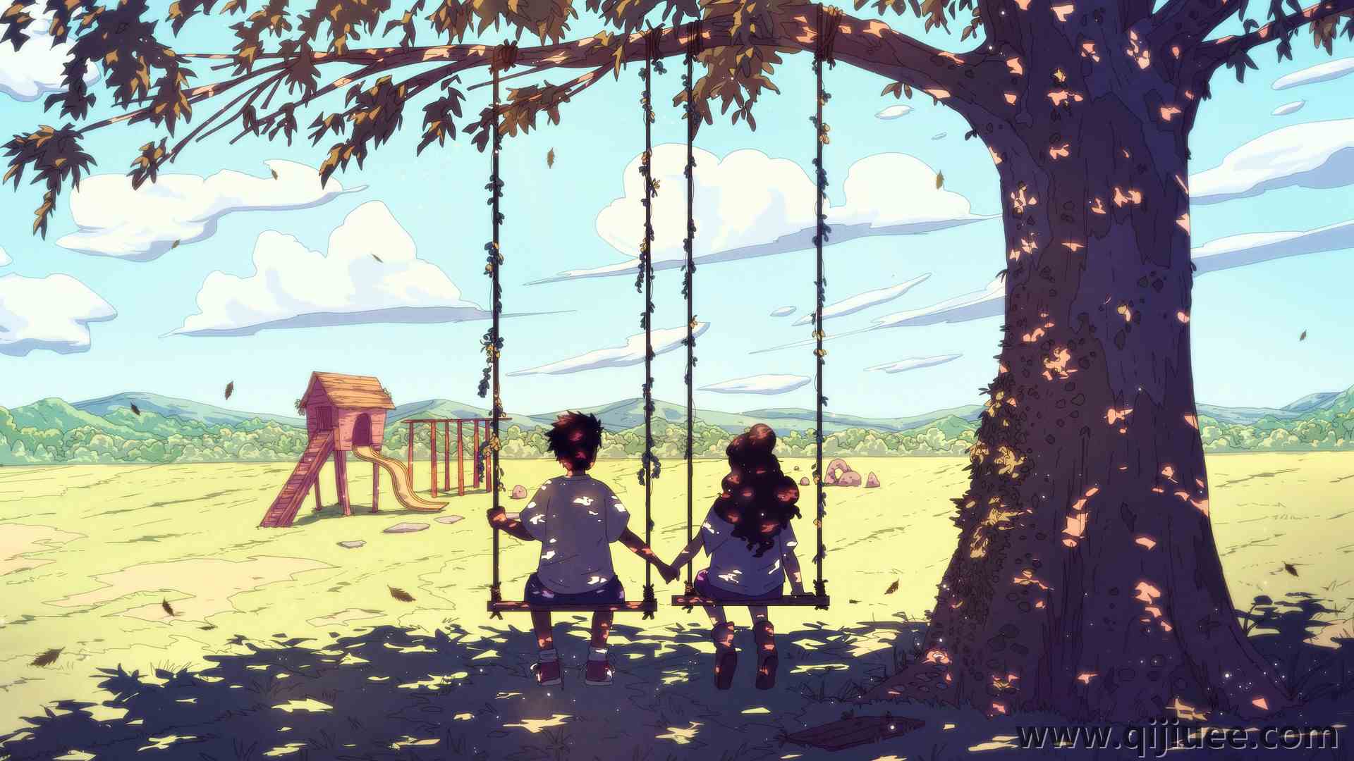 儿童 手牵手  AI艺术 奇幻艺术 秋千 树木 云 自然  电脑壁纸 4K壁纸3840 x 2160/2 MB-柒染云阁