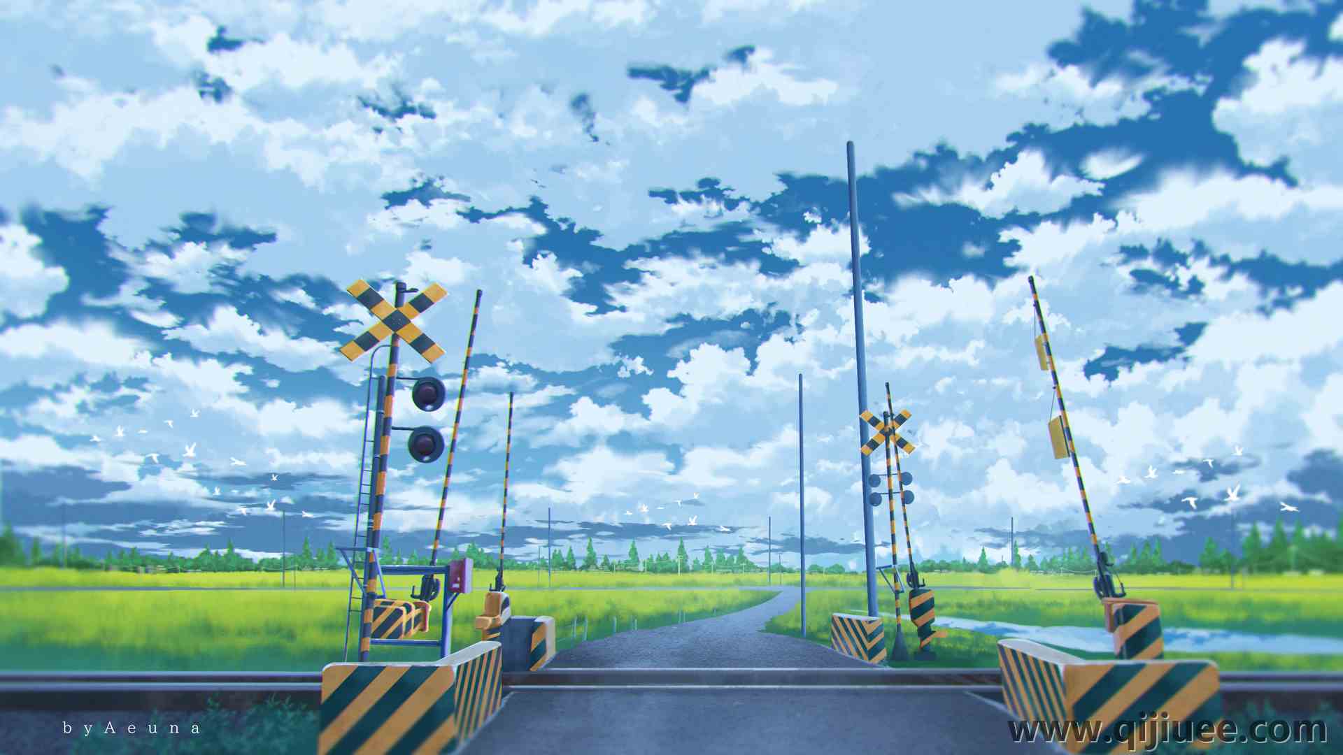 AI艺术 插图 云 铁路道口 环境 天空 风景 田野  电脑壁纸 4K壁纸3840 x 2168/16.35 MB-柒染云阁