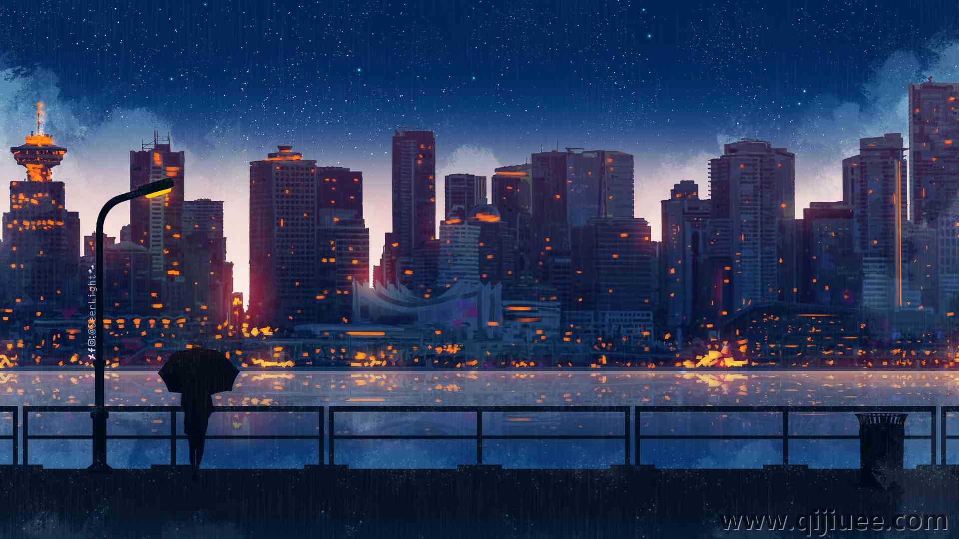 女性 动漫 城市 建筑 雨伞 夜晚 AI艺术 城市景观 星星  电脑壁纸 4K壁纸4800 x 2400/5.28 MB-柒染云阁