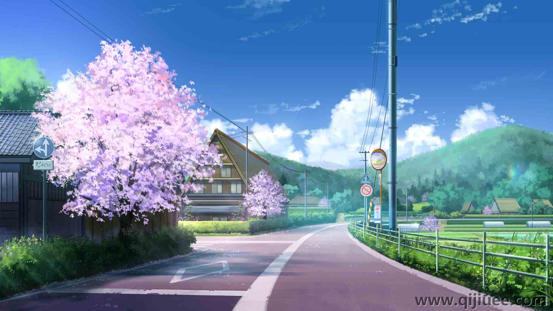 动漫 樱花 道路 风景 城镇  电脑壁纸 4K壁纸5120 x 2880/3.03 MB-柒染云阁