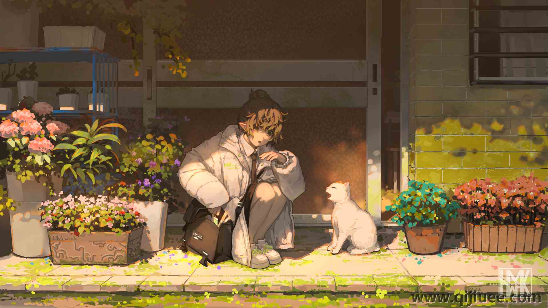 原创人物 蹲下 动漫女孩 猫耳朵 花 兽耳 猫  电脑壁纸 4K壁纸4831 x 2718/12.07 MB-柒染云阁