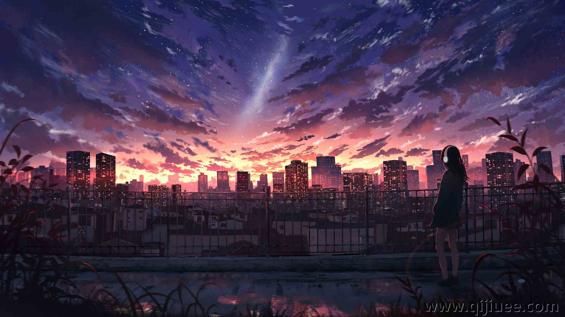 天空 城市景观 耳机 城市 摩天大楼 云 星星 日落 AI艺术  电脑壁纸 4K壁纸3840 x 2160/6.22 MB-柒染云阁