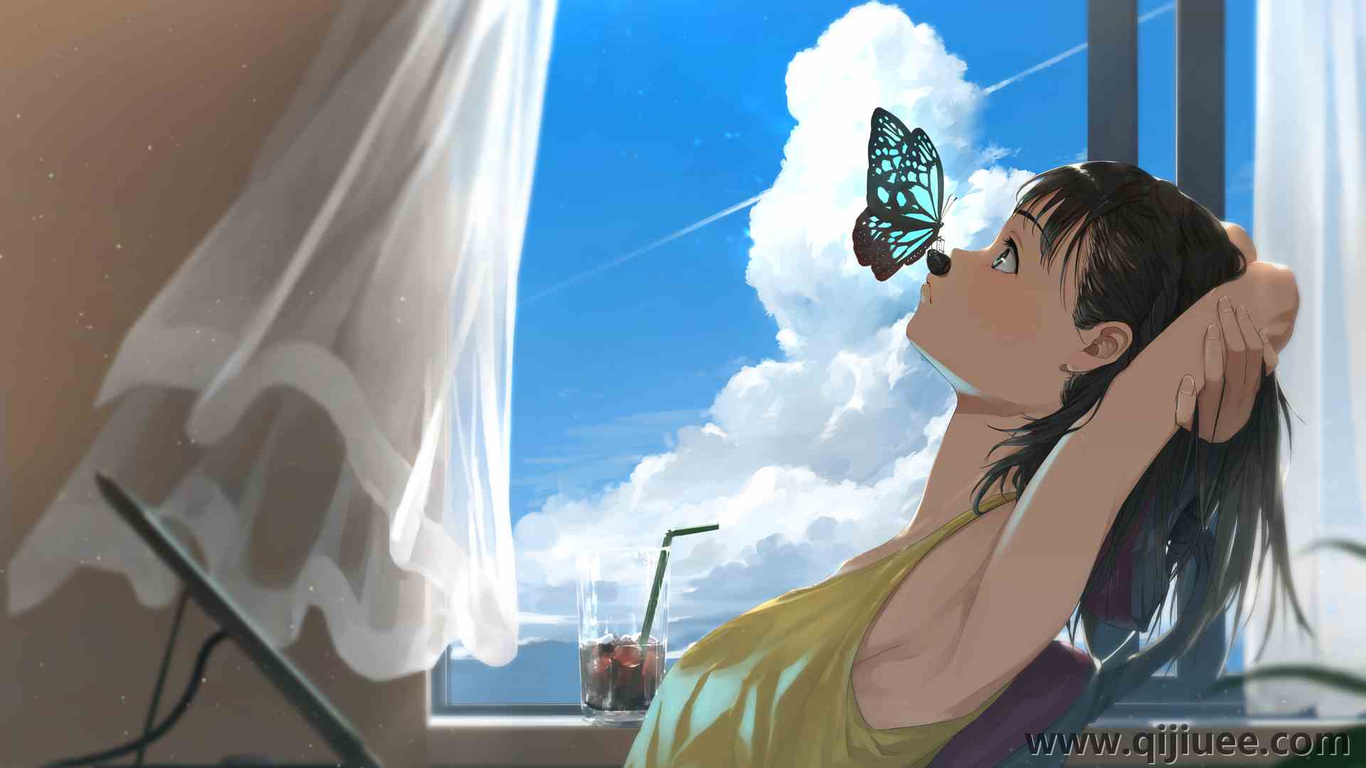 蓝眼睛 动漫 动漫女孩 黑发 背心 蝴蝶 窗户 天空  电脑壁纸 4K壁纸5616 x 3508/6.15 MB-柒染云阁