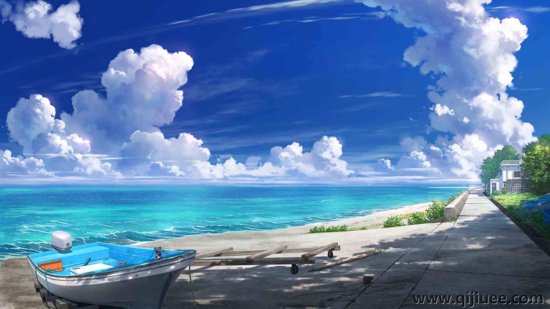 海滩 斑驳的阳光 阳光 建筑 积云 船 云 房子 草 早晨 天空 水 波浪 AI艺术  电脑壁纸 4K壁纸4083 x 2296/1.16 MB-柒染云阁