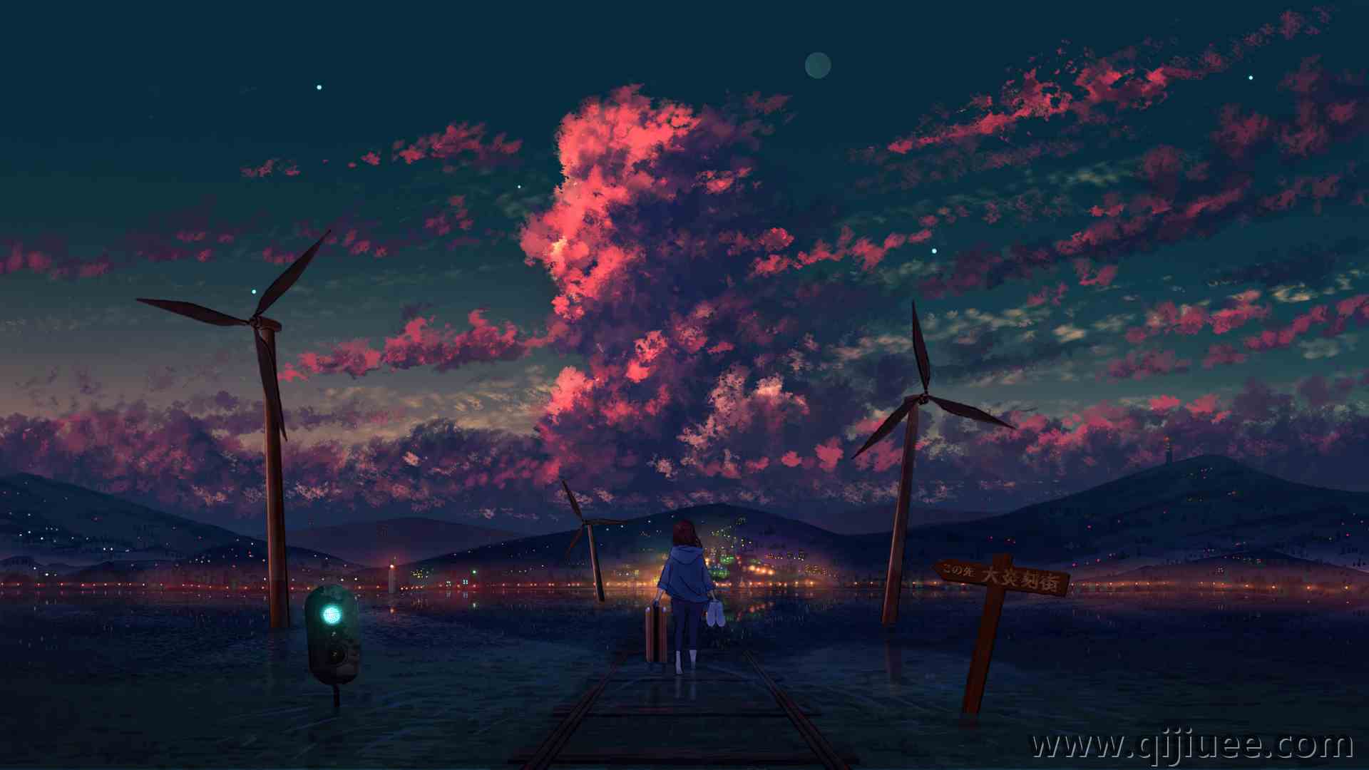 动漫 动漫女孩 云 城市灯光 山  电脑壁纸 4K壁纸3840 x 2160/3.01 MB-柒染云阁