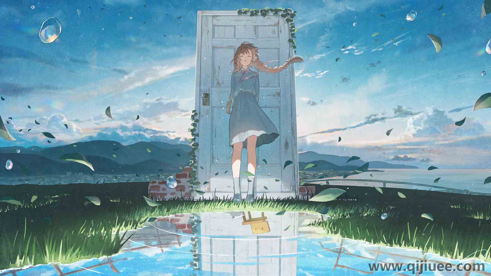 黑发 动漫 动漫女孩 插图 连衣裙 天空 草 水 树叶  电脑壁纸 4K壁纸4800 x 2700/19.29 MB-柒染云阁