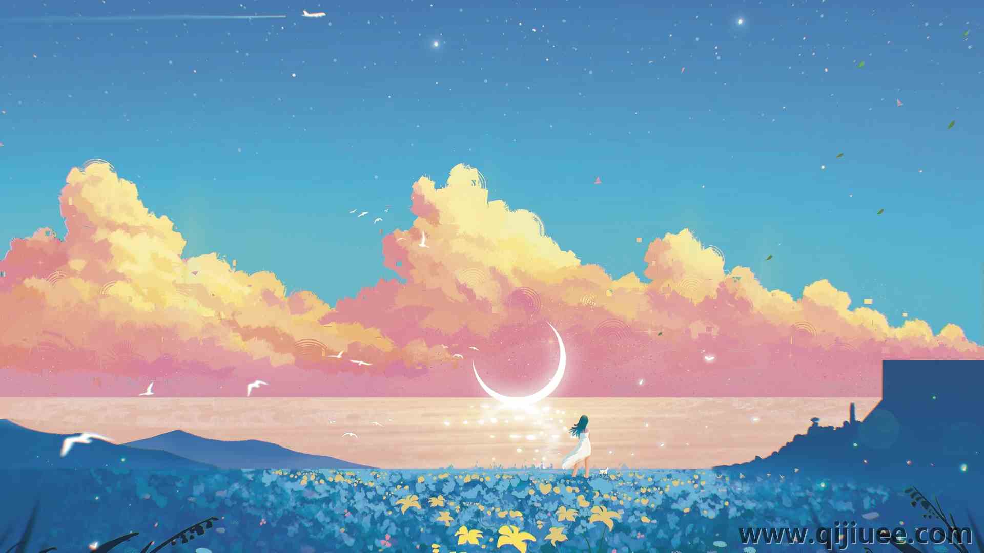绘画 风景 领域 植物 花 月亮 云 鸟 动物 飞机 水 白色衣服 星星  电脑壁纸 4K壁纸4724 x 3307/3.55 MB-柒染云阁